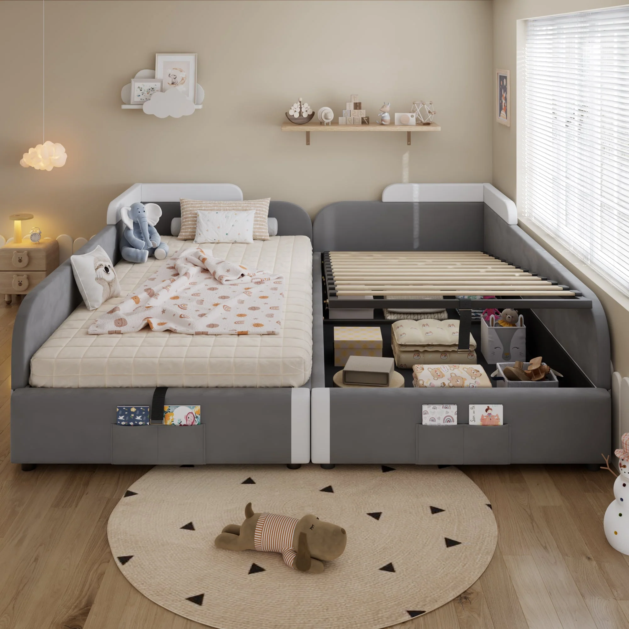 Upholstered Bed, Combined Children's Hydraulic with Storage, Grey Velvet & Plywood - Image 4
