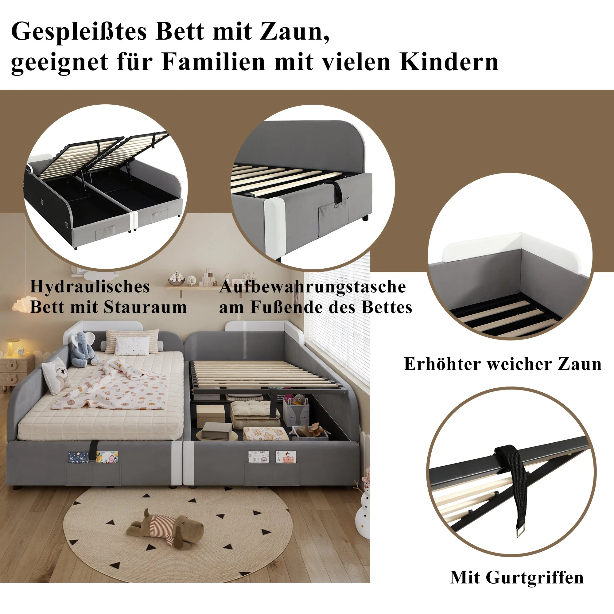 Upholstered Bed, Combined Children's Hydraulic with Storage, Grey Velvet & Plywood - Image 5