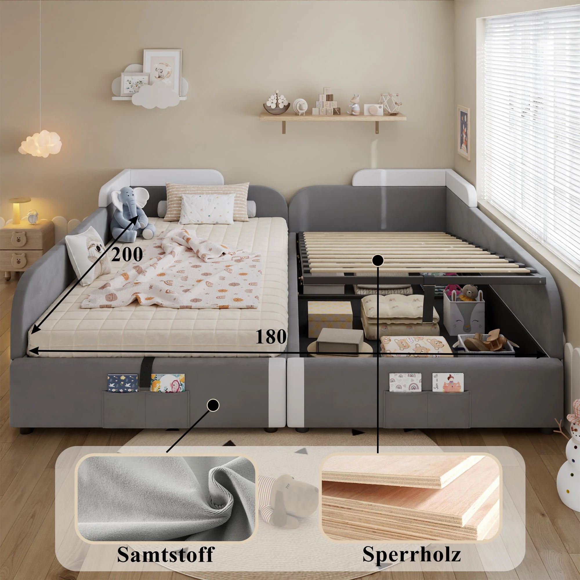 Upholstered Bed, Combined Children's Hydraulic with Storage, Grey Velvet & Plywood - Image 6