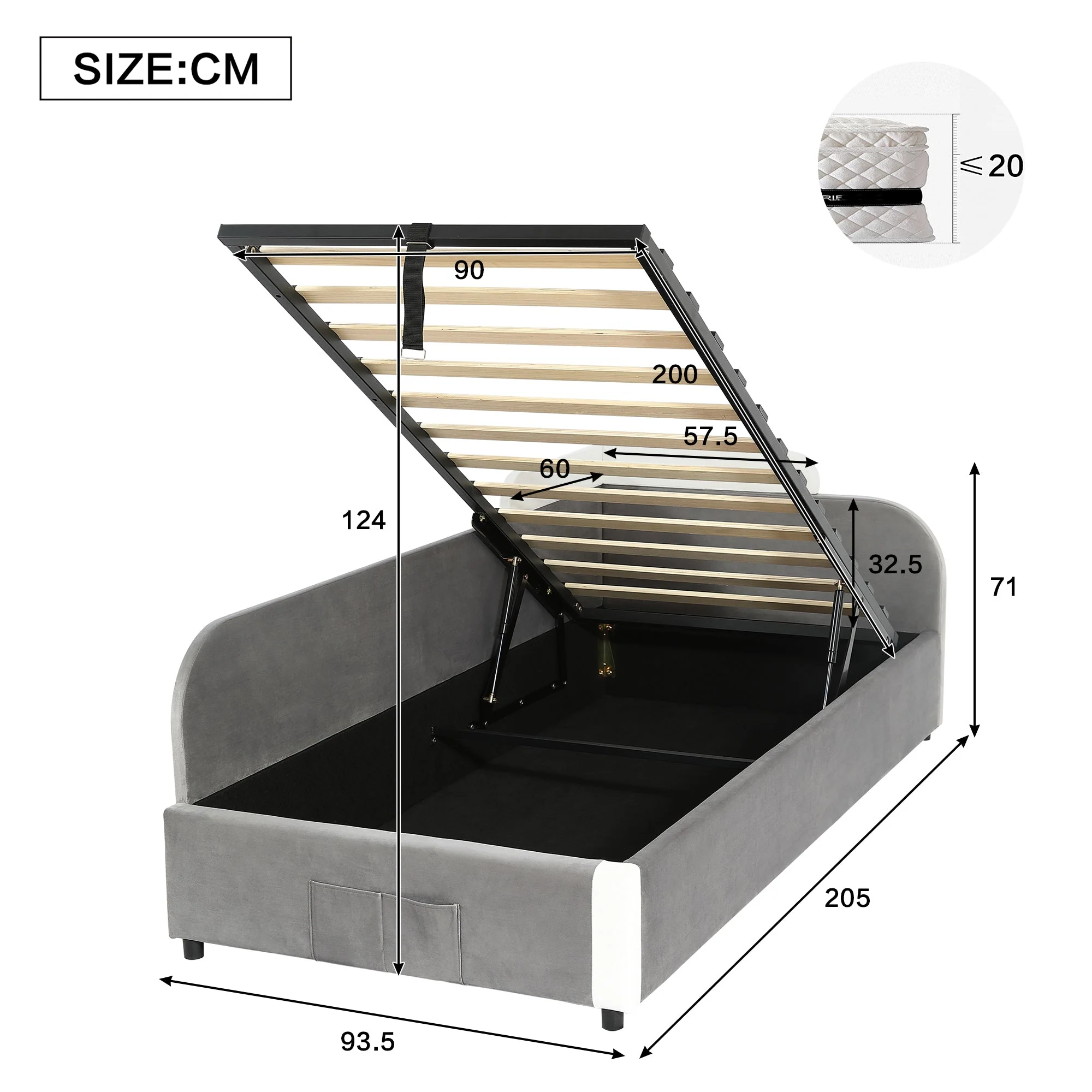 Upholstered Bed, Combined Children's Hydraulic with Storage, Grey Velvet & Plywood - Image 8