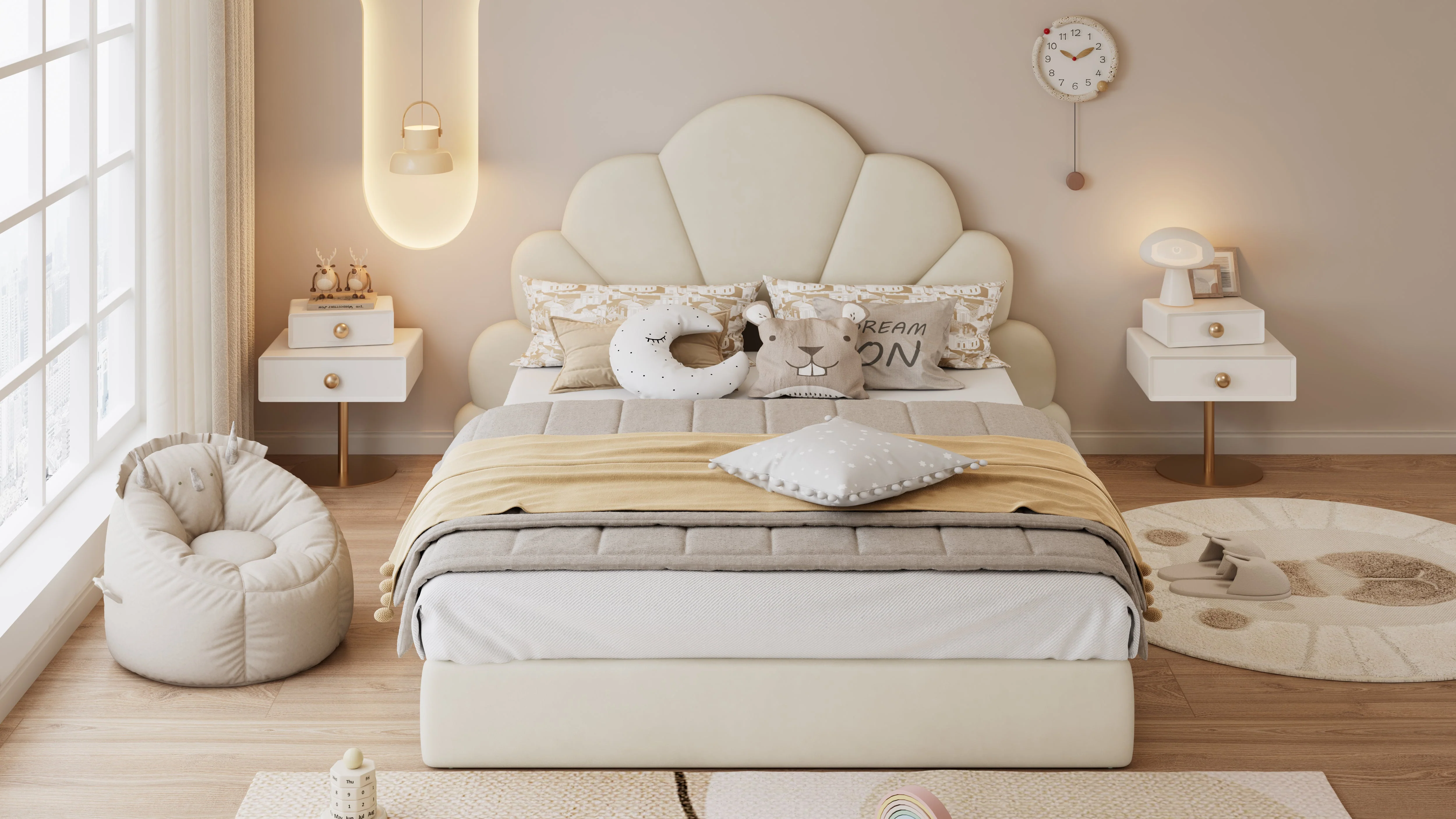 Upholstered Bed, Curved Petals, Modern Frame, Velvet Beige - Image 10