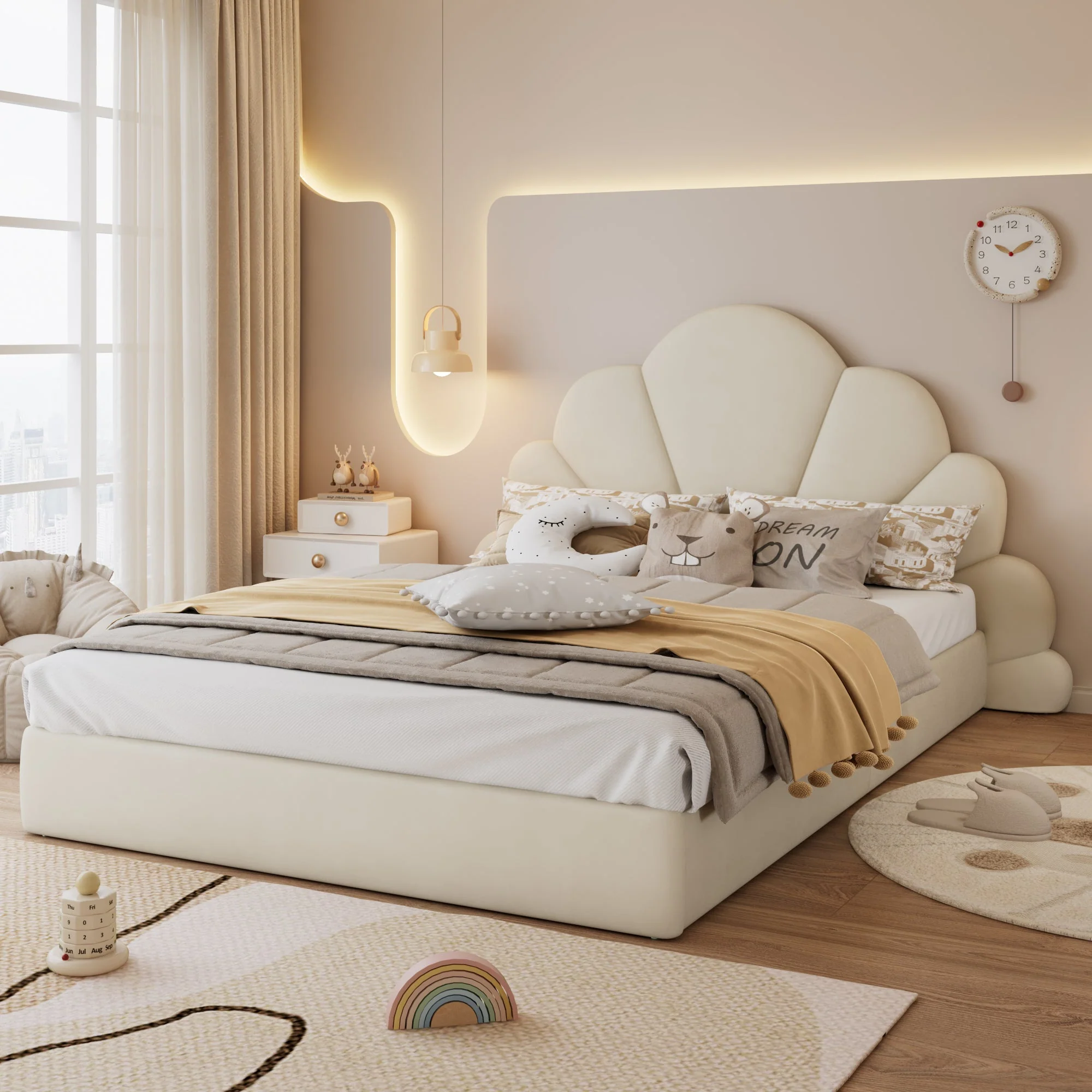 Upholstered Bed, Curved Petals, Modern Frame, Velvet Beige - Image 2