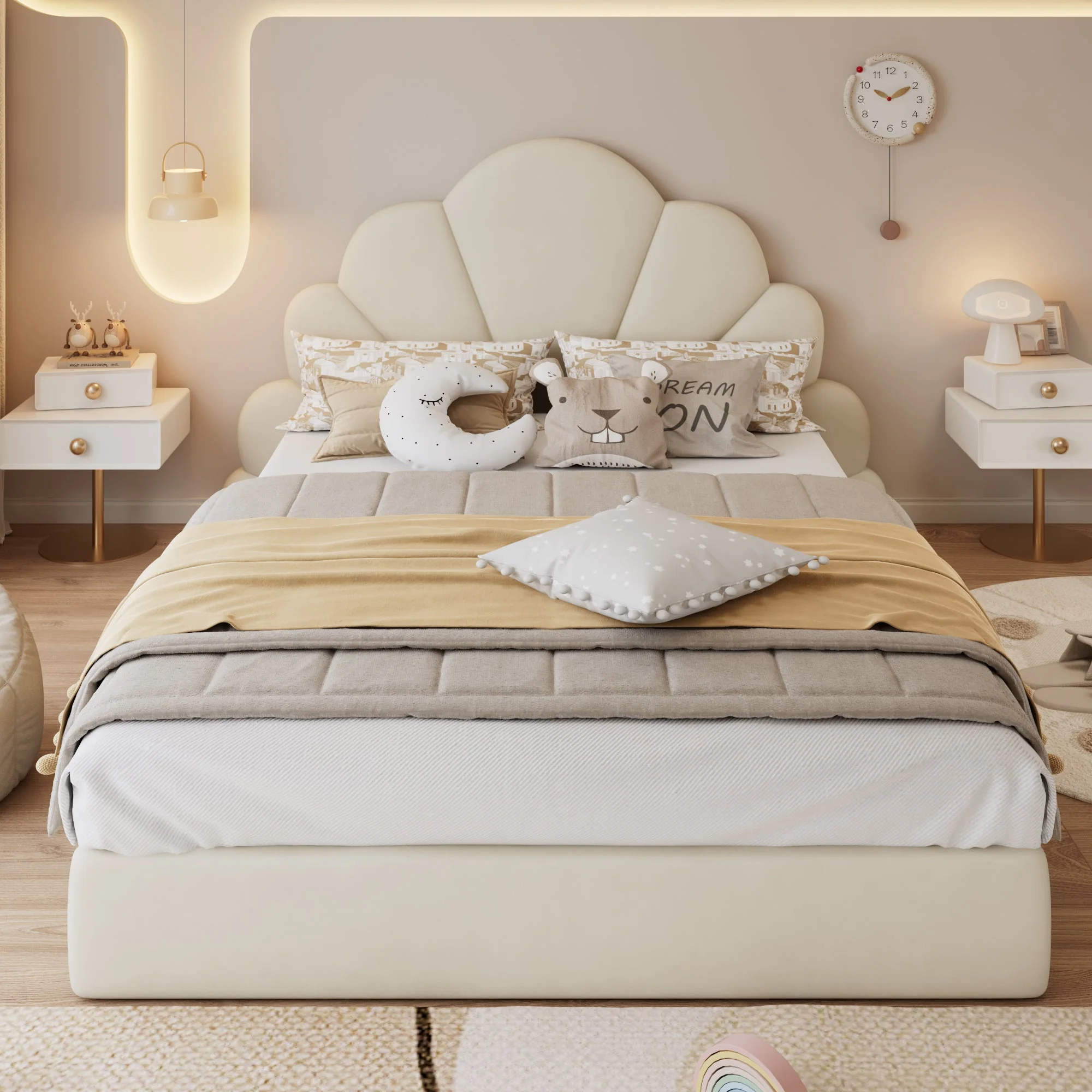 Upholstered Bed, Curved Petals, Modern Frame, Velvet Beige - Image 3