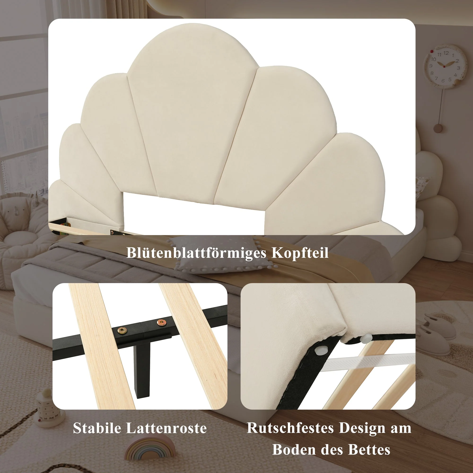 Upholstered Bed, Curved Petals, Modern Frame, Velvet Beige - Image 4