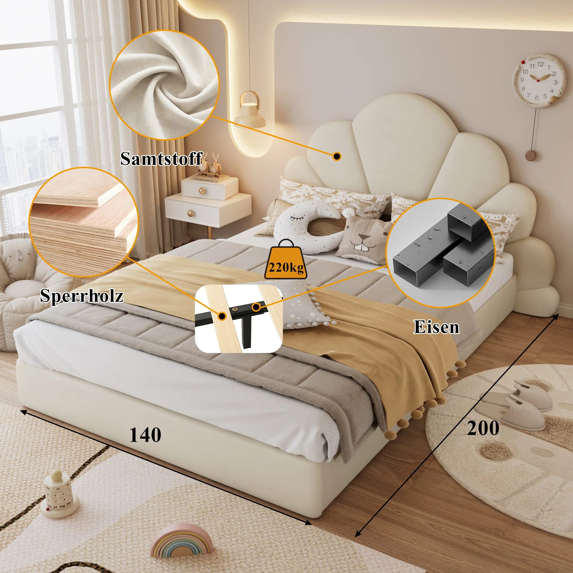 Upholstered Bed, Curved Petals, Modern Frame, Velvet Beige - Image 5