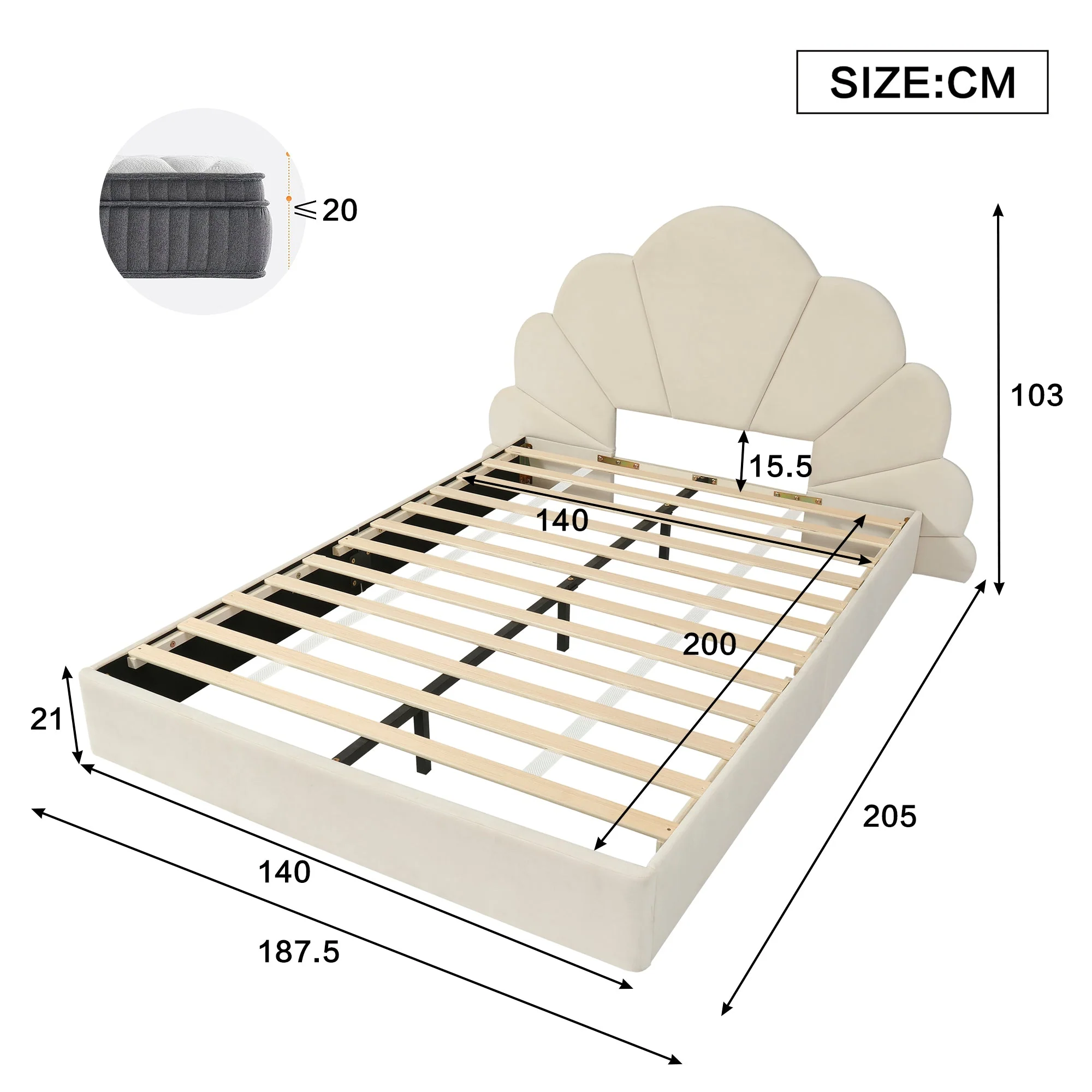 Upholstered Bed, Curved Petals, Modern Frame, Velvet Beige - Image 6