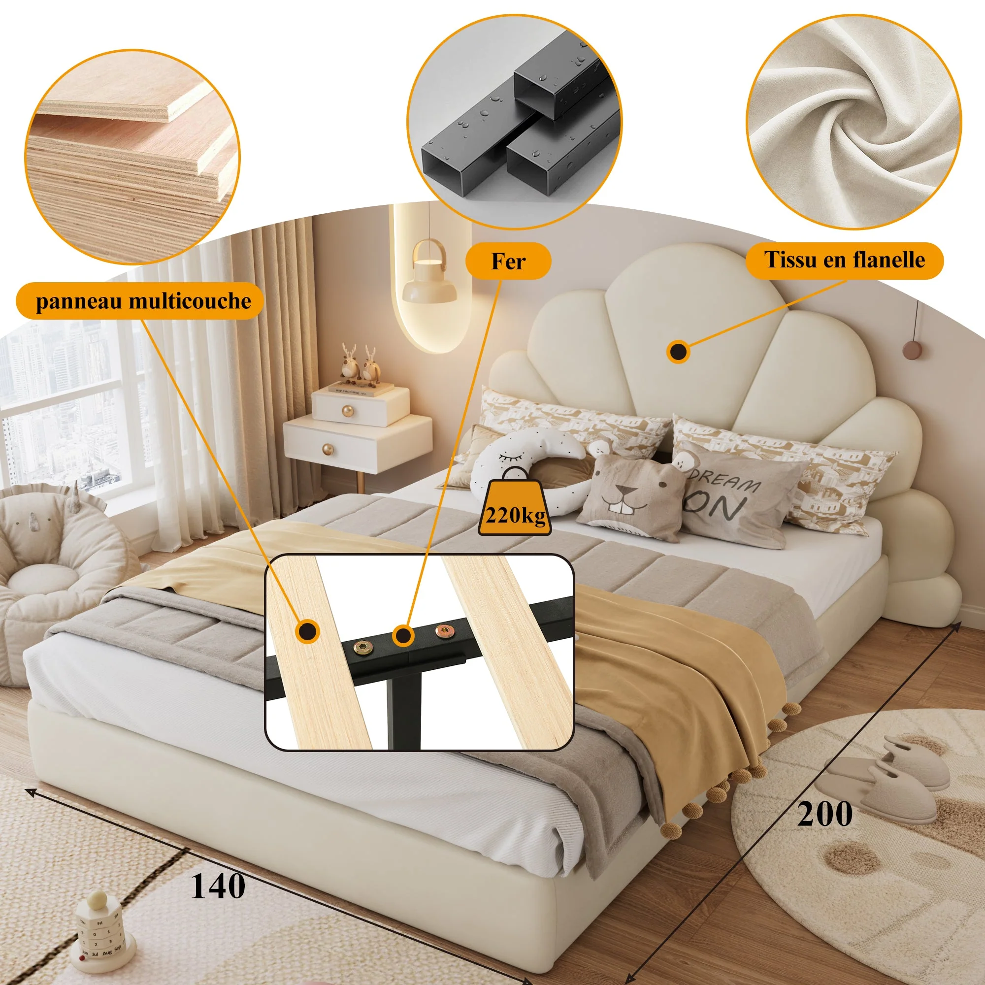 Upholstered Bed, Curved Petals, Modern Frame, Velvet Beige - Image 7