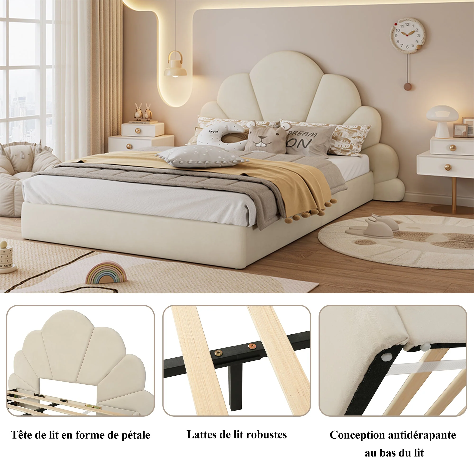 Upholstered Bed, Curved Petals, Modern Frame, Velvet Beige - Image 8
