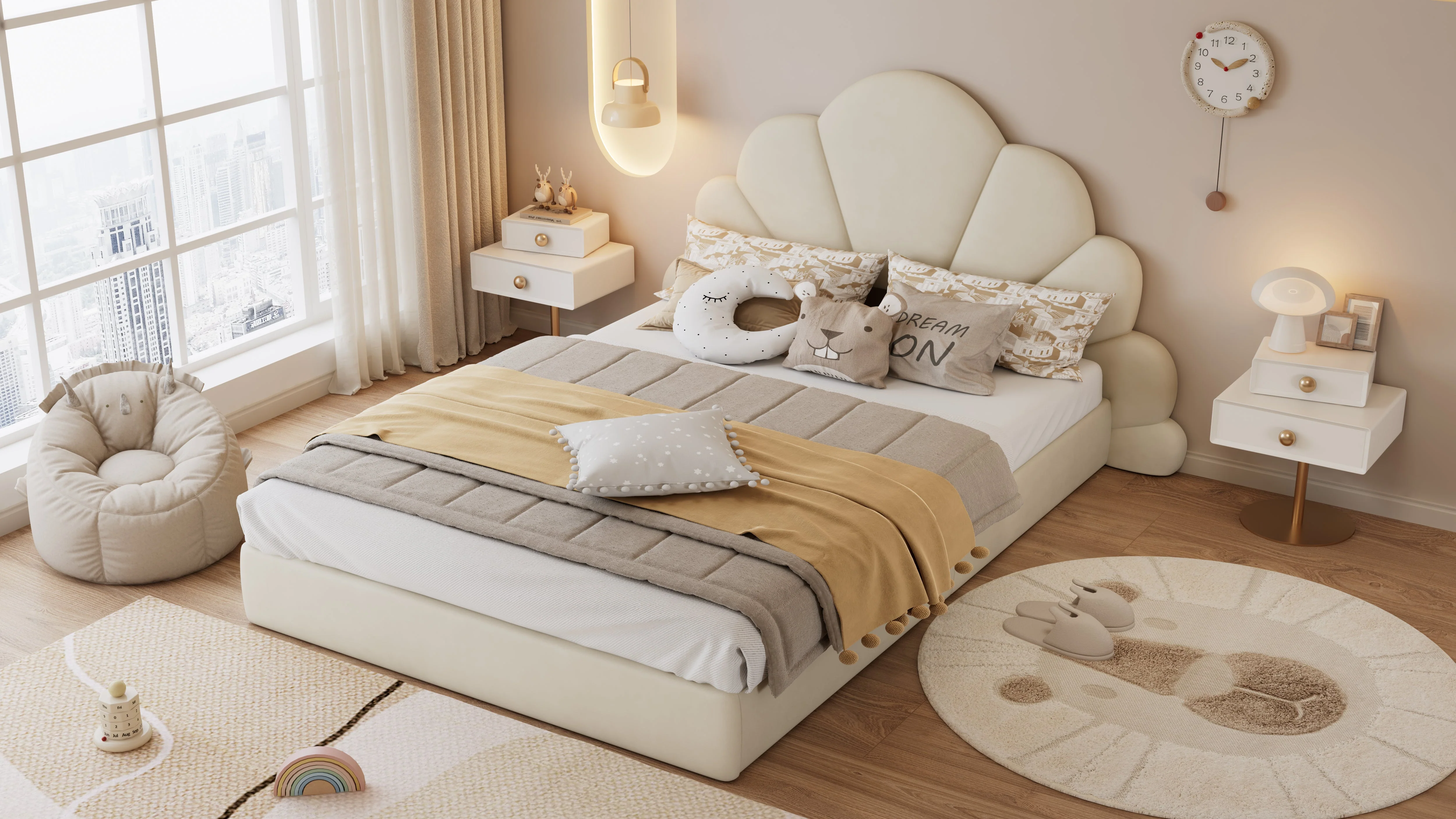 Upholstered Bed, Curved Petals, Modern Frame, Velvet Beige - Image 9