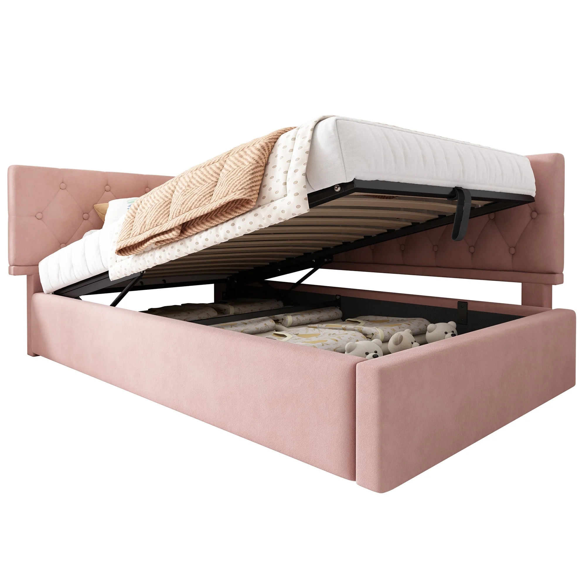 Upholstered Bed Day Bed 90x200cm Sofa Bed with Hydraulic Storage Space, Velvet, Pink - Image 7