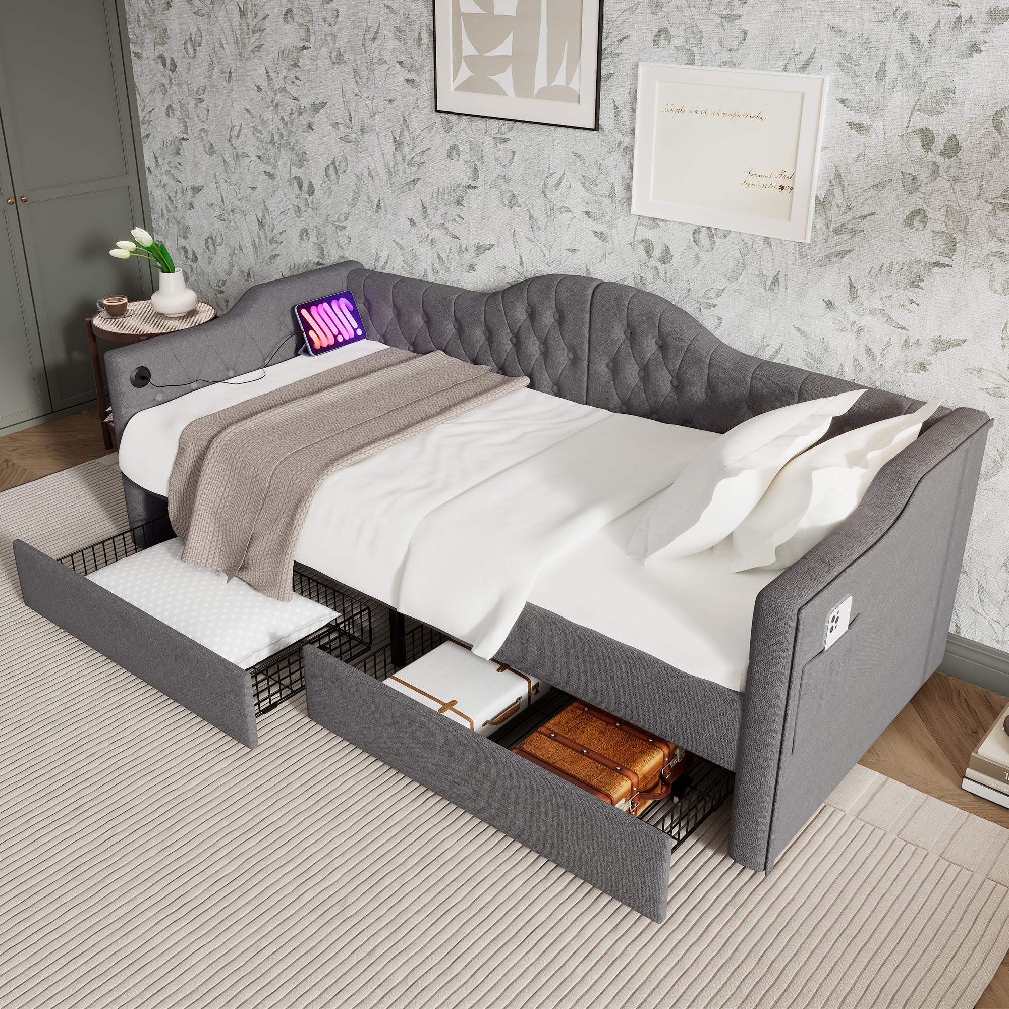 Upholstered Bed Daybed Sofa Bed Storage Bed with USB-C, 2 Drawers, 90x200cm, Grey Linen - Image 3