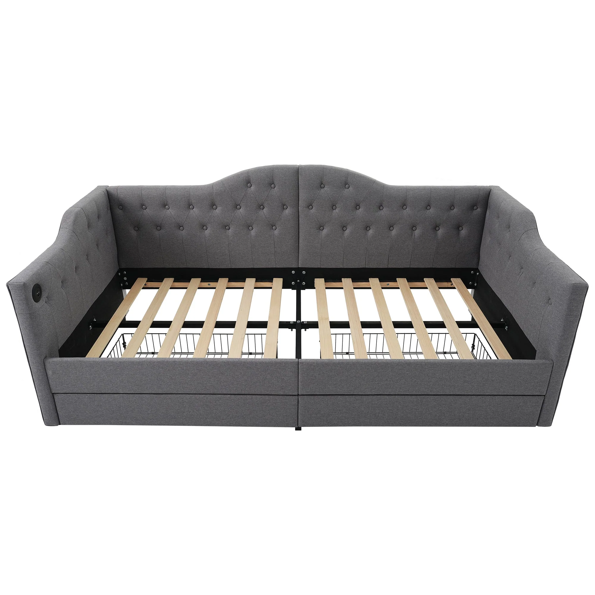 Upholstered Bed Daybed Sofa Bed Storage Bed with USB-C, 2 Drawers, 90x200cm, Grey Linen - Image 7
