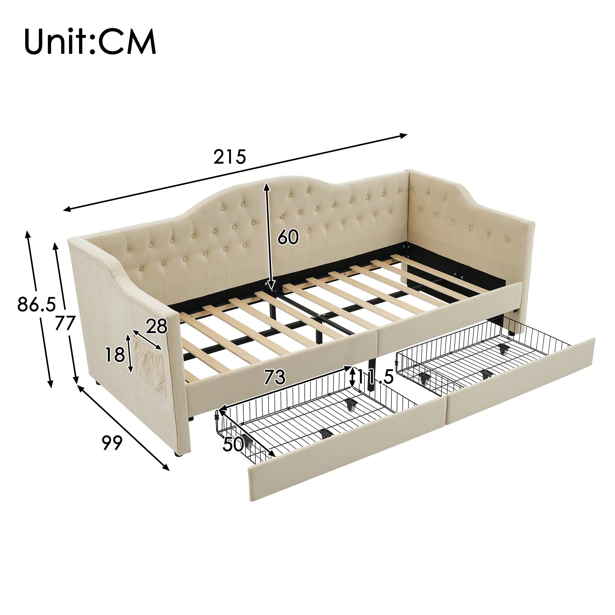 Upholstered Bed, Daybed Sofa Bed with USB C & 2 Drawers, 90x200cm Beige Velvet - Image 4