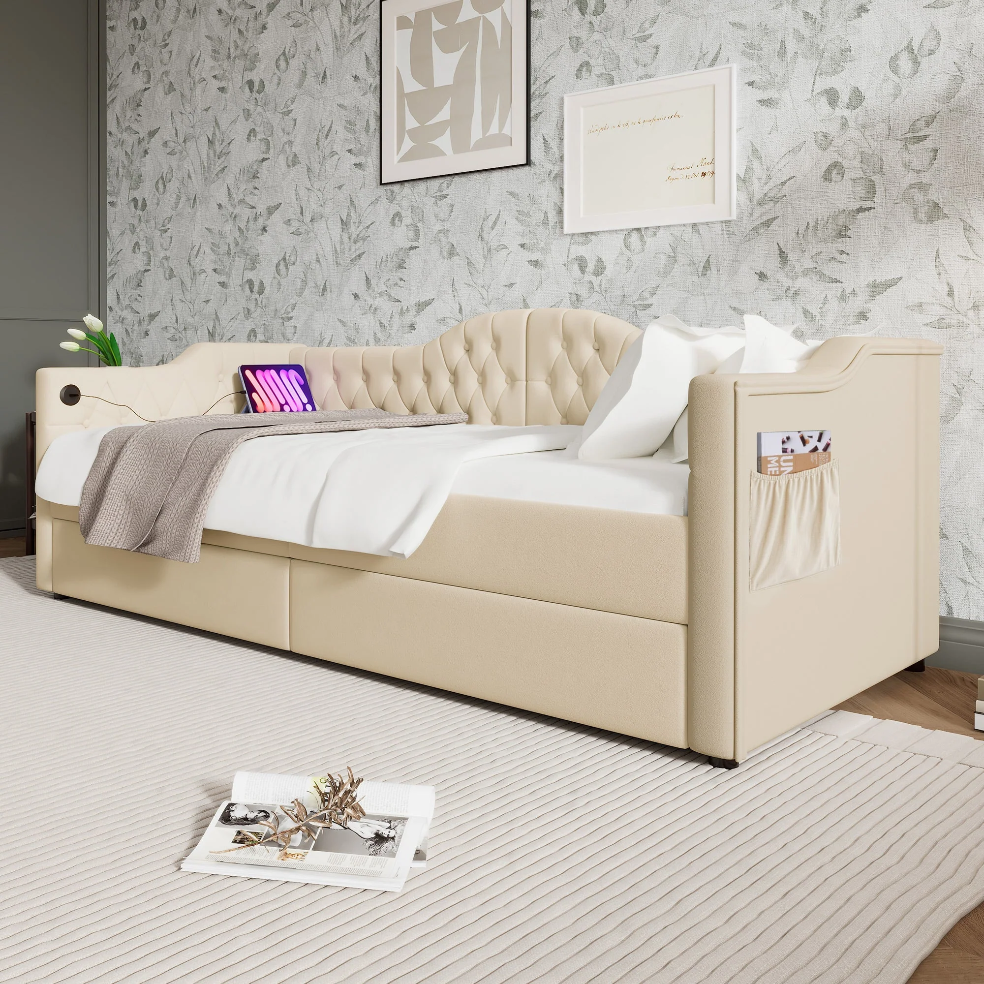 Upholstered Bed, Daybed Sofa Bed with USB C & 2 Drawers, 90x200cm Beige Velvet - Image 5