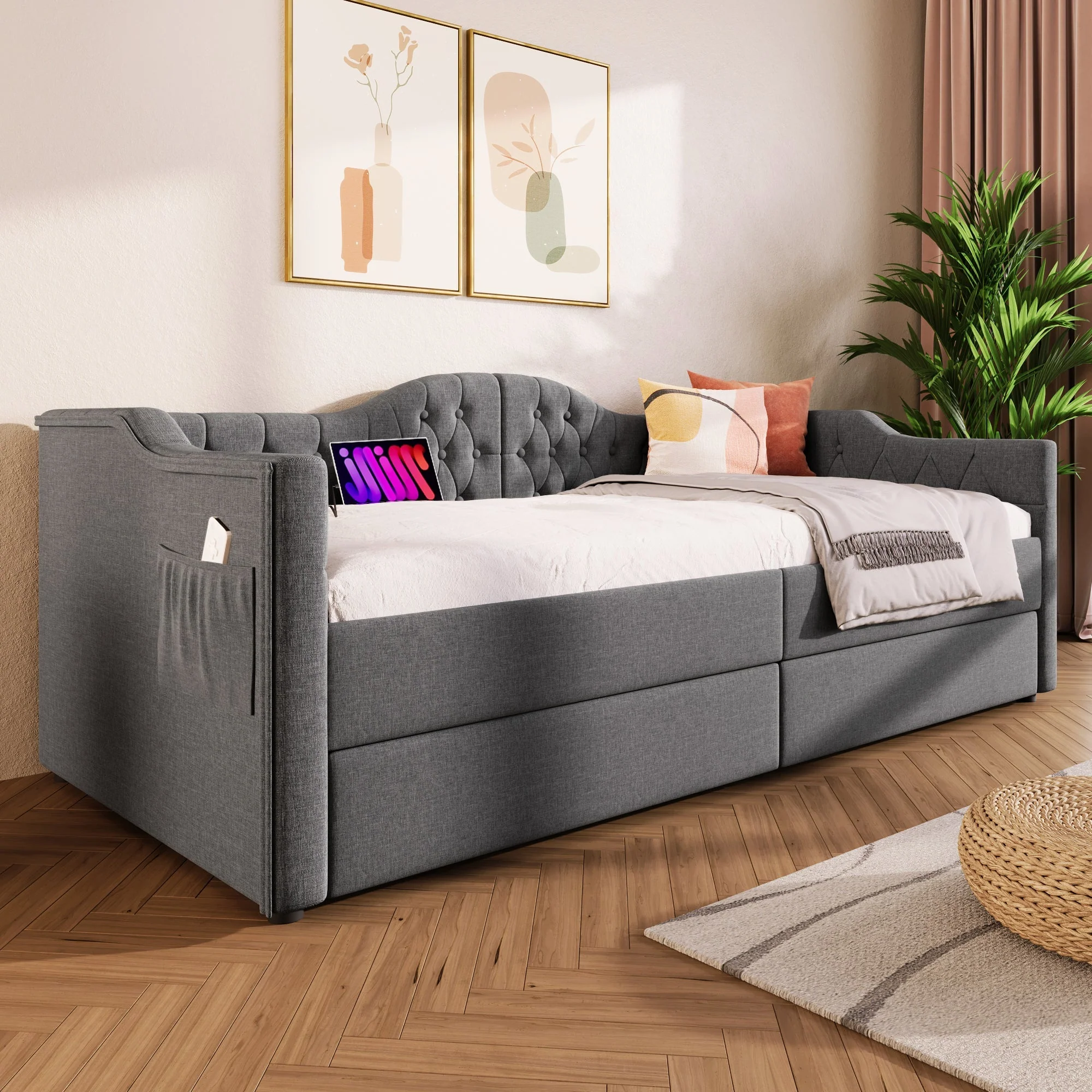 Upholstered Bed Daybed Sofa Bed with USB Type C & 2 Drawers, Grey Linen - Image 10
