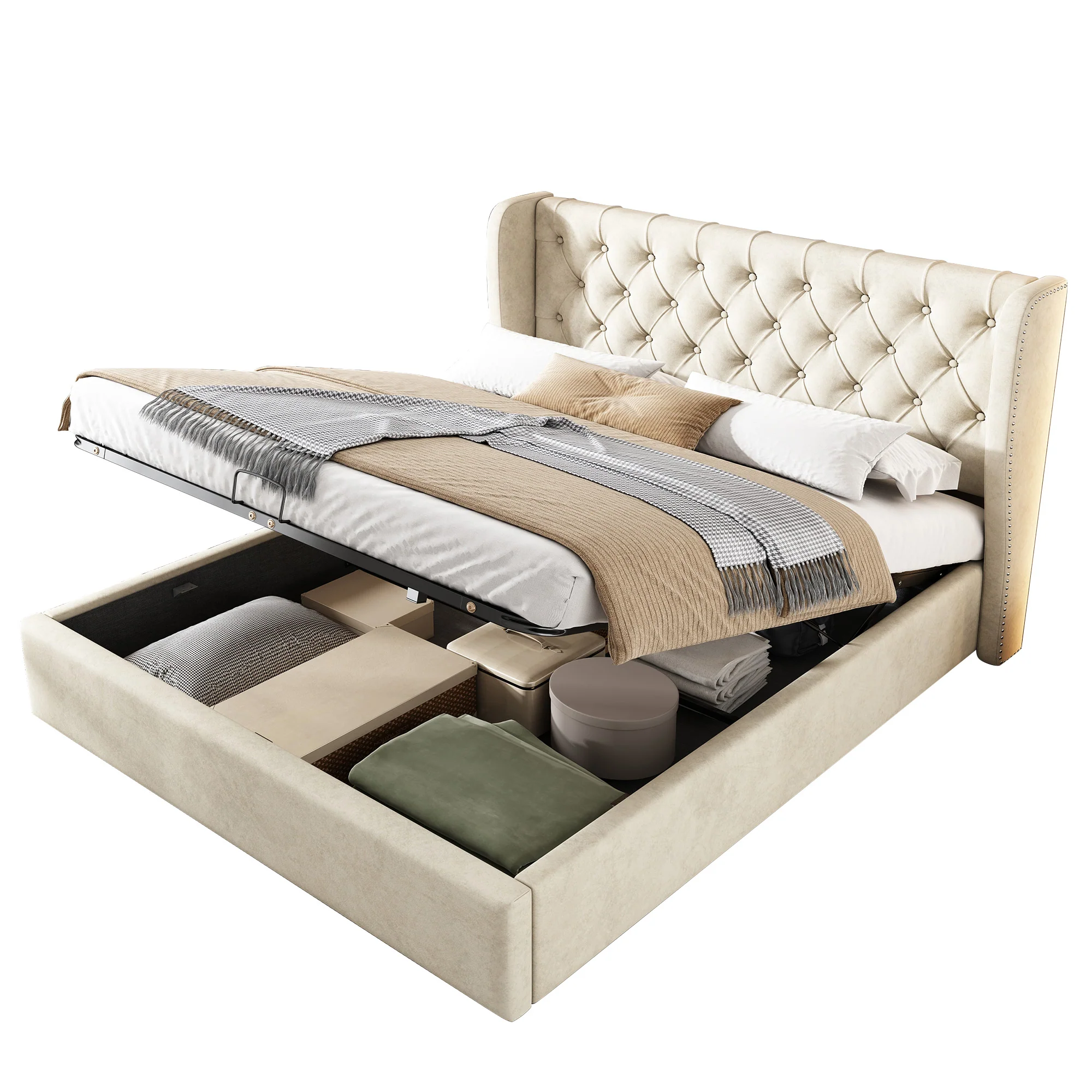 Upholstered Bed Double 140x200 Hydraulic Storage Ear-Shaped Headboard Velvet Beige - Image 5