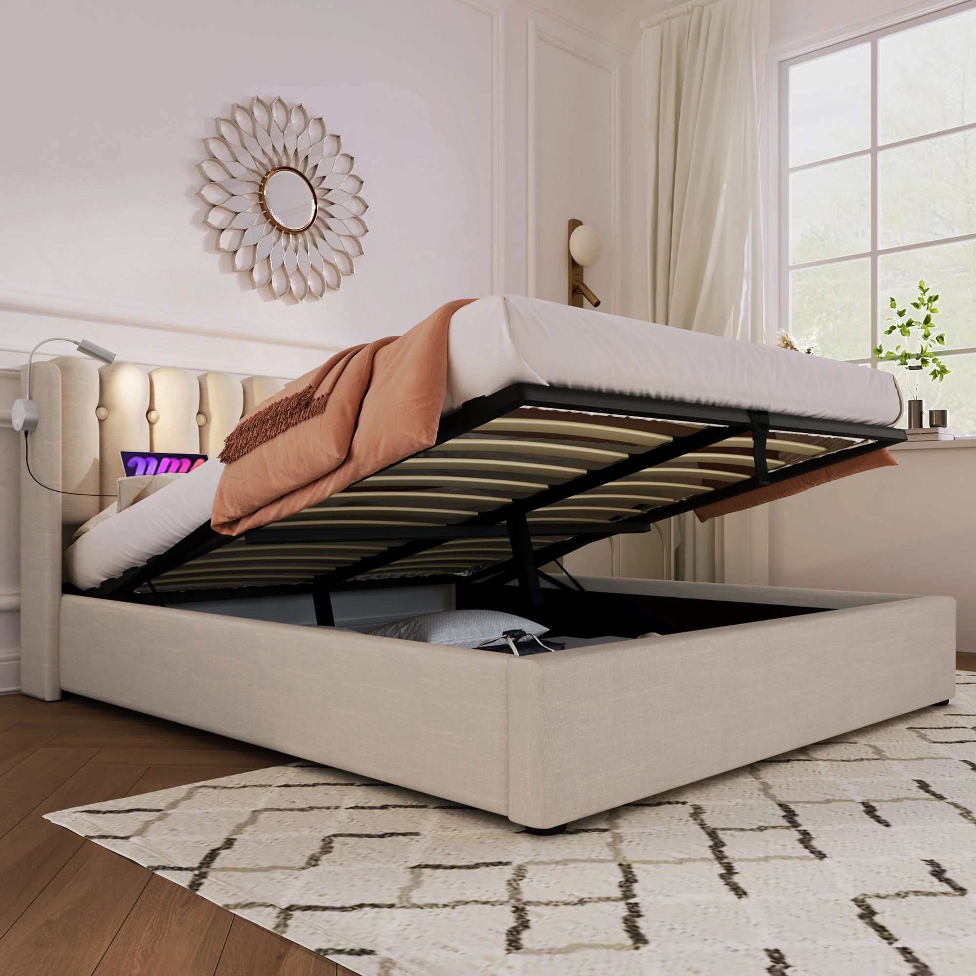 Upholstered Bed Double 140x200 with Reading Light, Storage, Slatted Frame, Natural Linen - Image 8