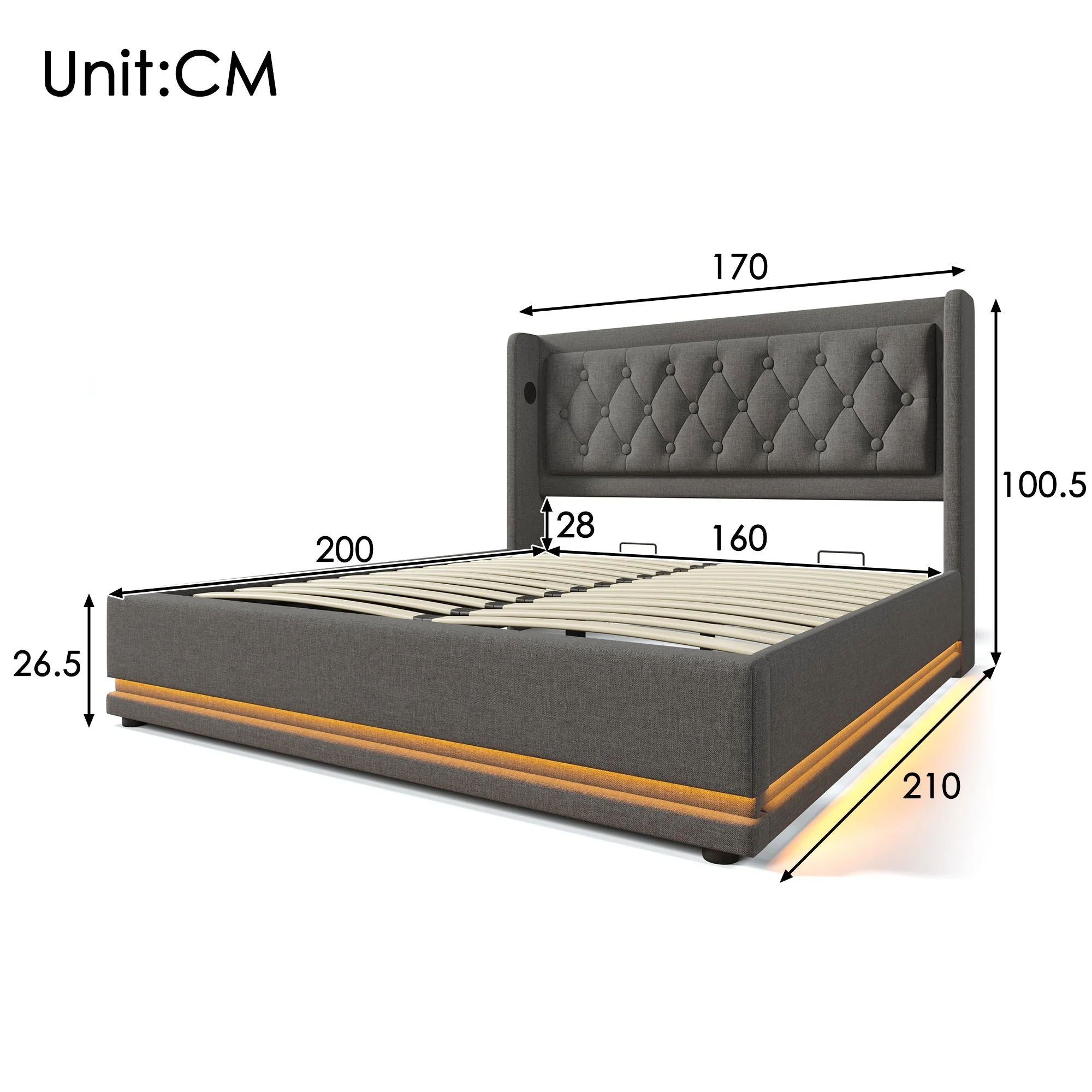 Upholstered Bed, Double 160x200cm Hydraulic Storage with USB & LED, Gray Cotton - Image 2