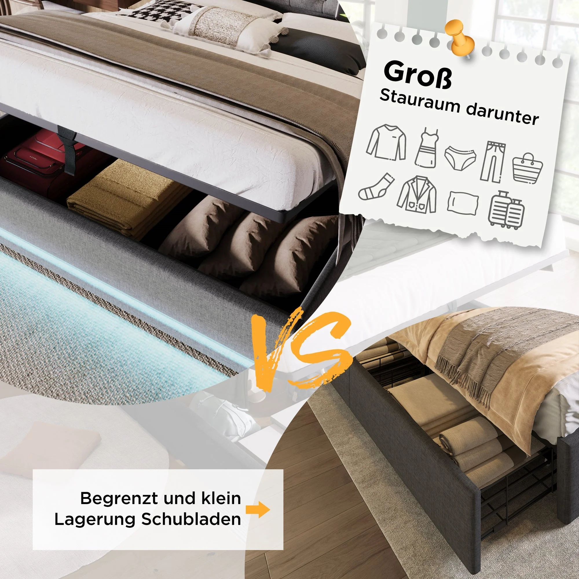 Upholstered Bed, Double 160x200cm Hydraulic Storage with USB & LED, Gray Cotton - Image 4