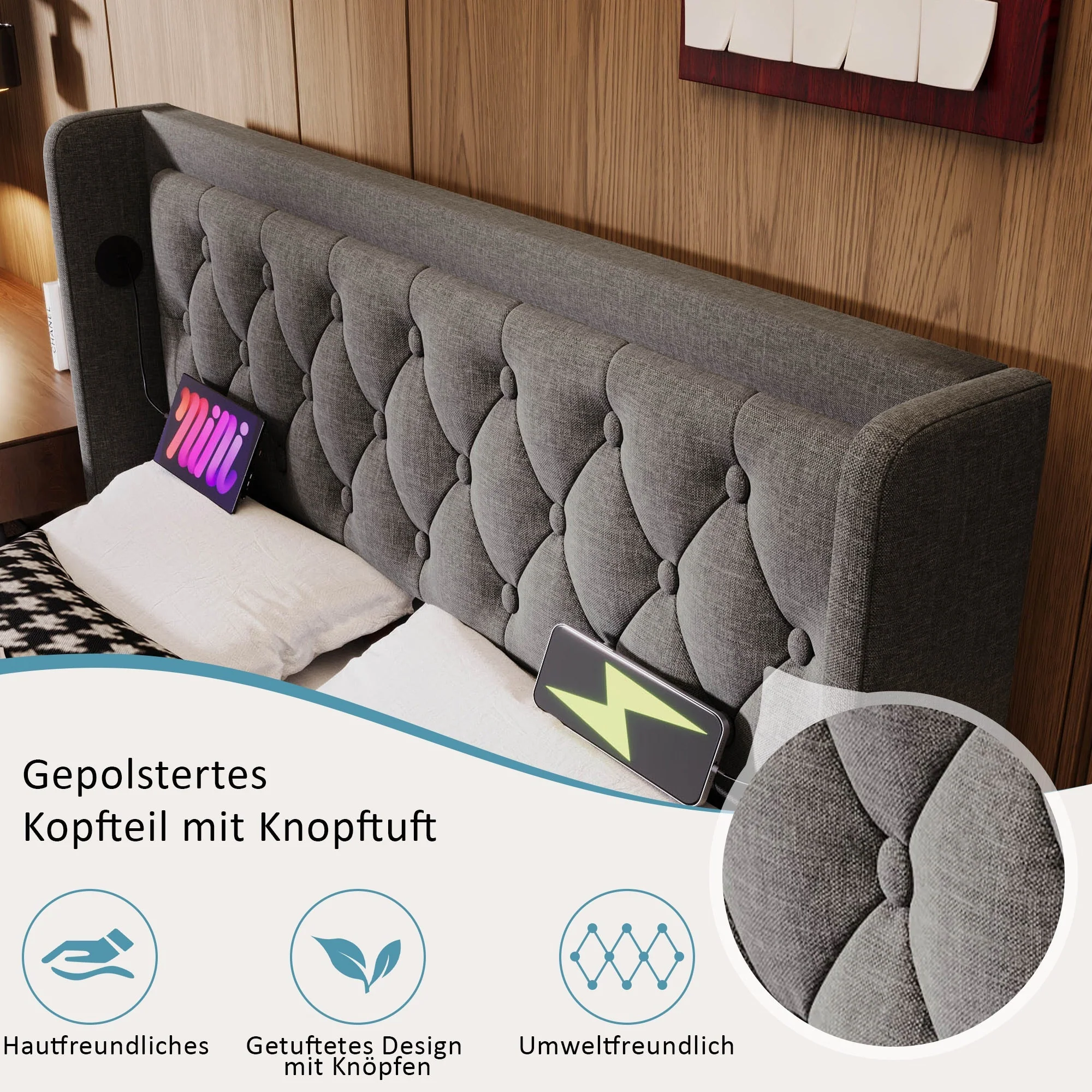 Upholstered Bed, Double 160x200cm Hydraulic Storage with USB & LED, Gray Cotton - Image 5
