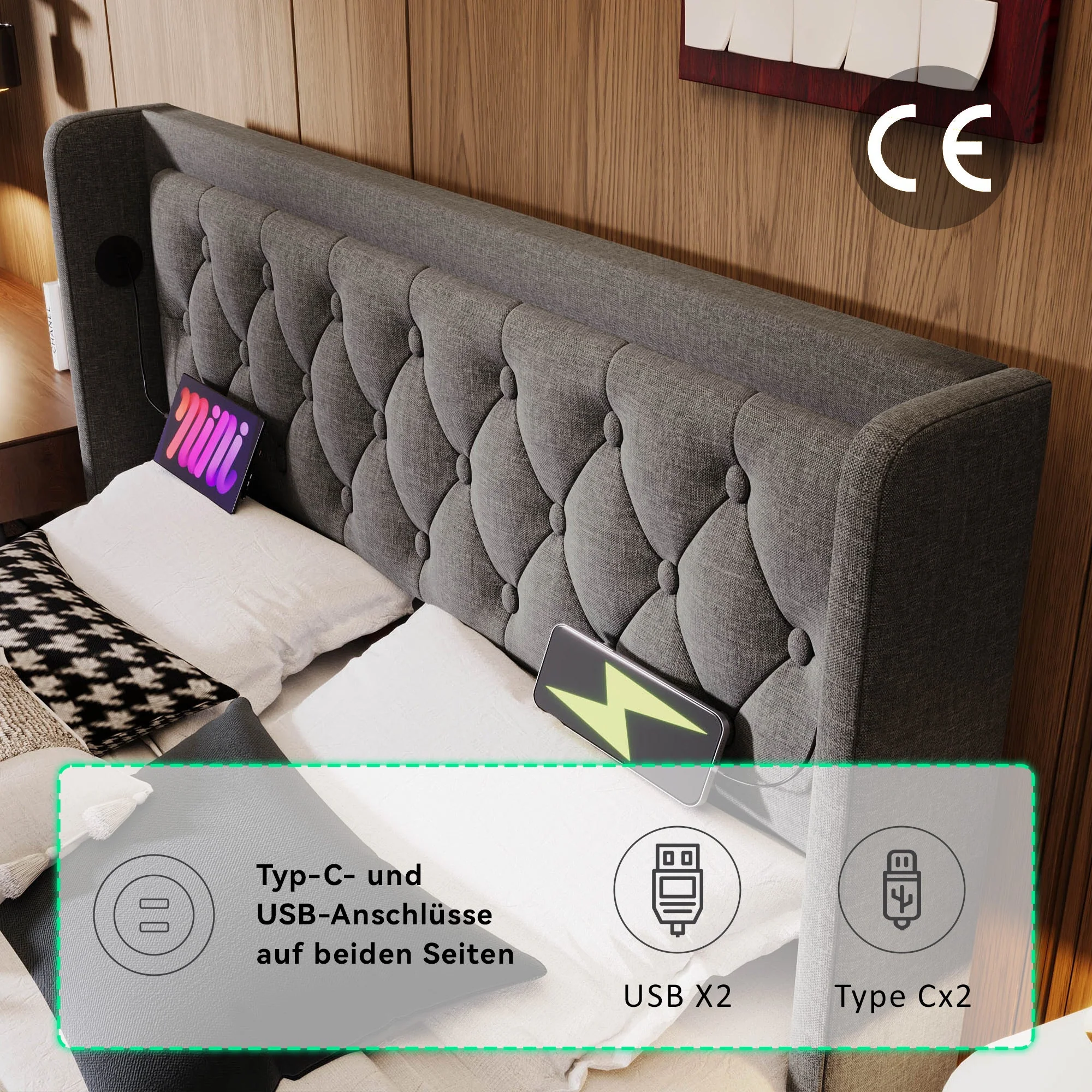 Upholstered Bed, Double 160x200cm Hydraulic Storage with USB & LED, Gray Cotton - Image 6