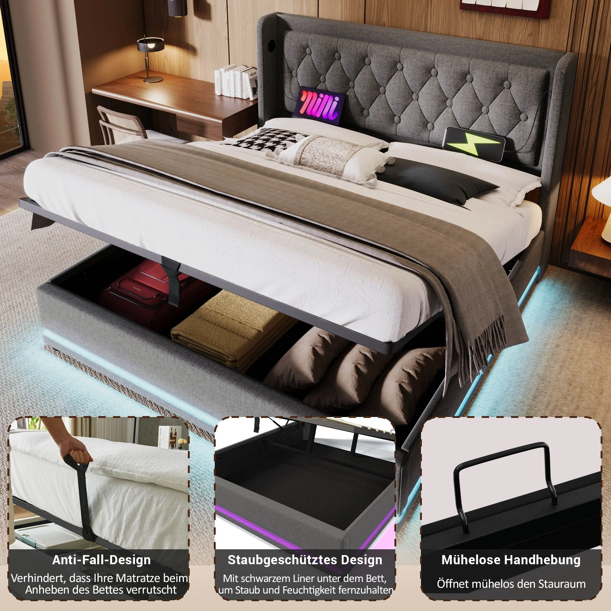 Upholstered Bed, Double 160x200cm Hydraulic Storage with USB & LED, Gray Cotton - Image 7