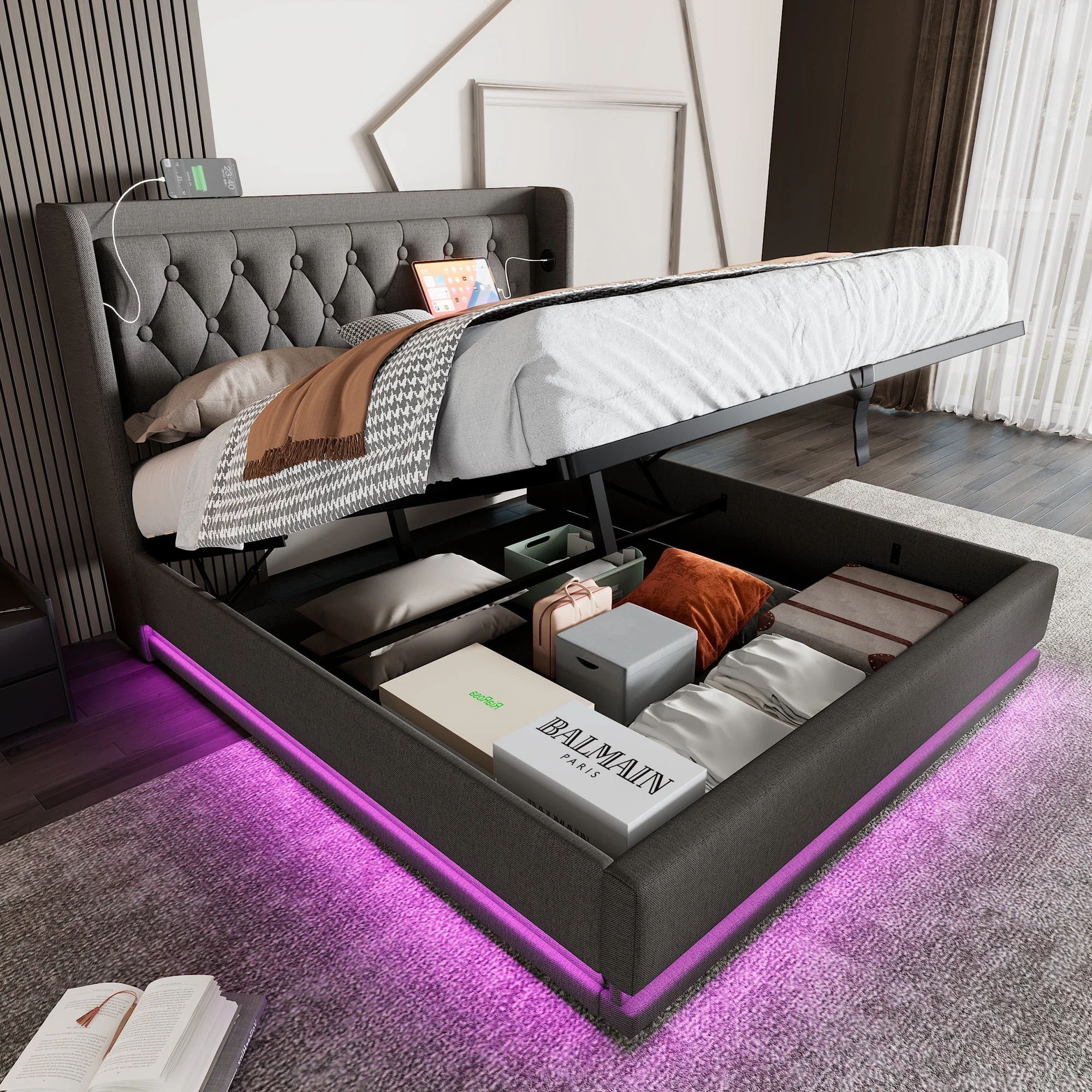 Upholstered Bed, Double 160x200cm Hydraulic Storage with USB & LED, Gray Cotton - Image 8