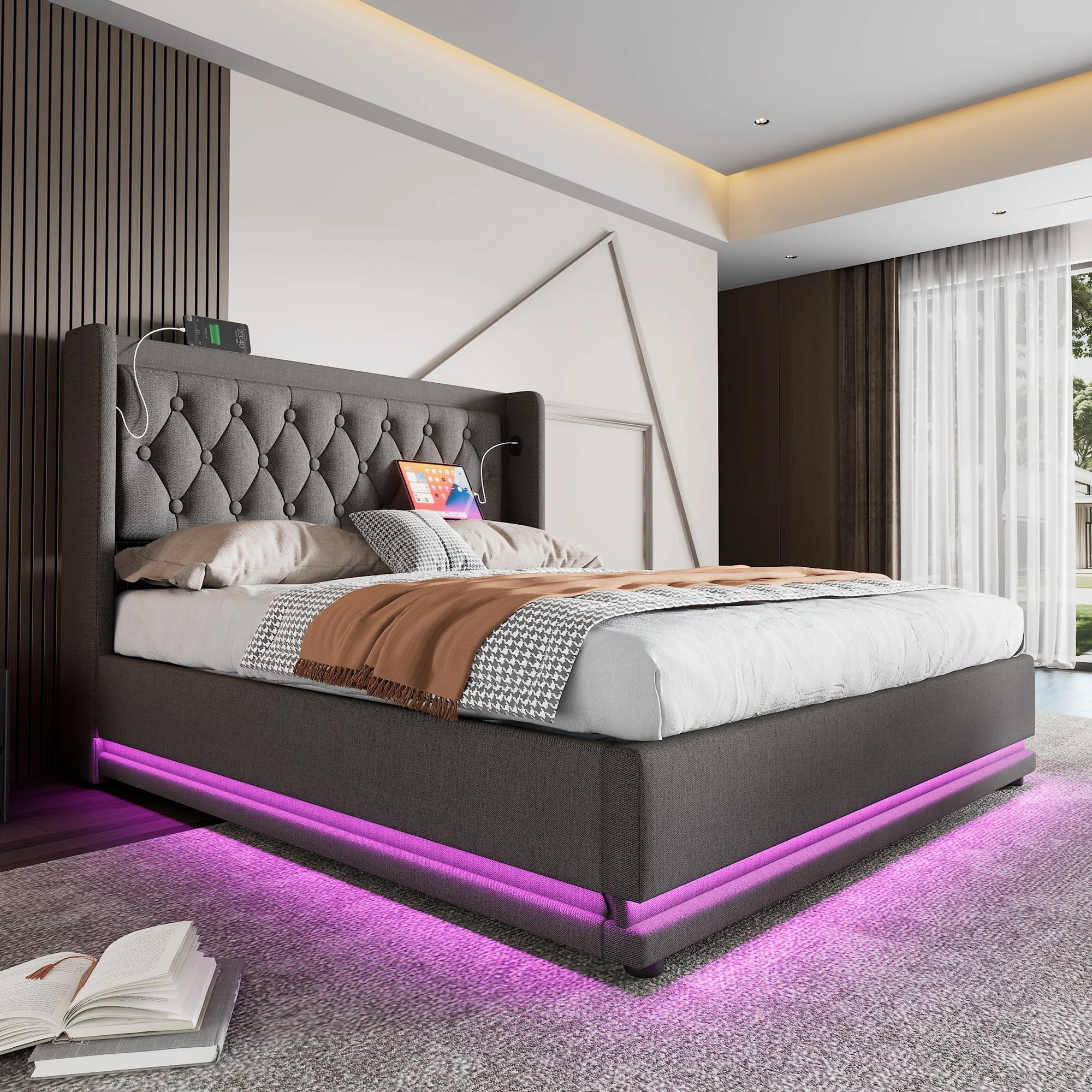 Upholstered Bed, Double 160x200cm Hydraulic Storage with USB & LED, Gray Cotton - Image 9