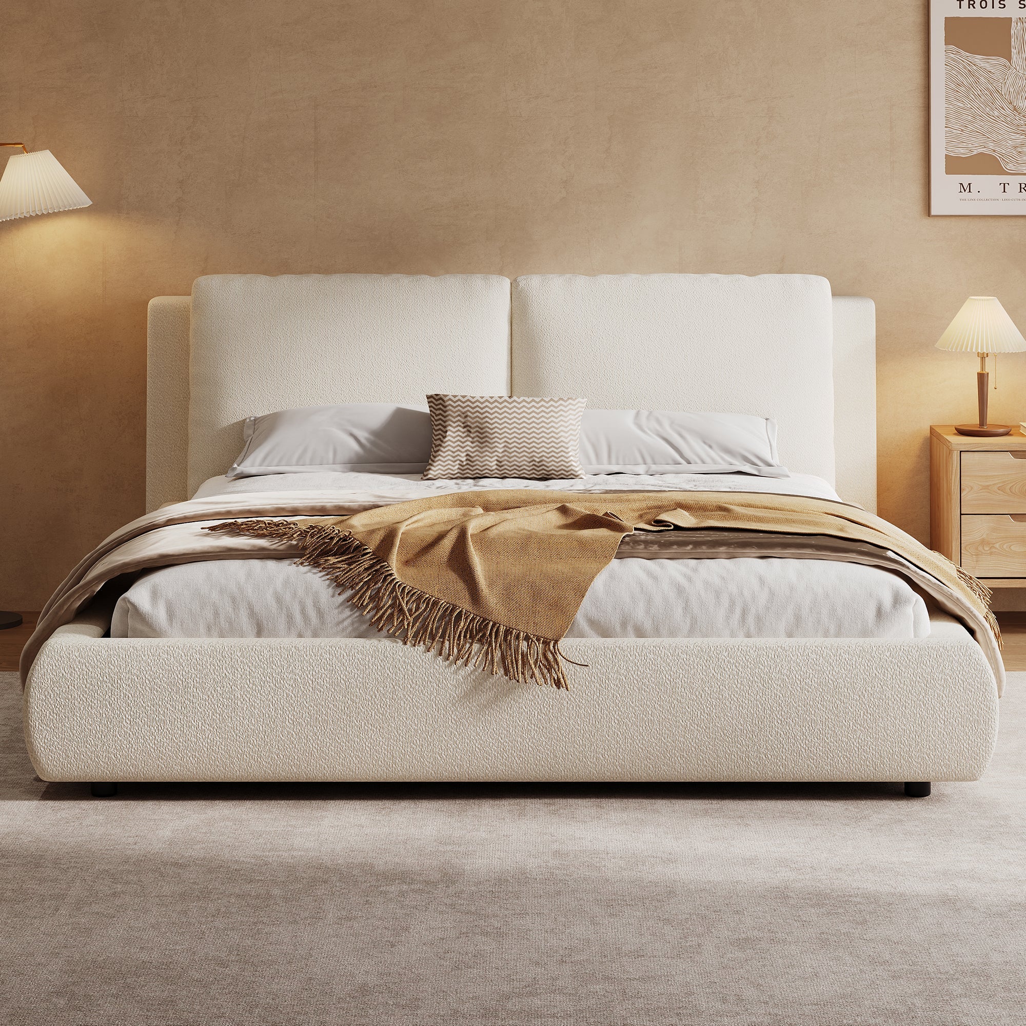 Upholstered Bed, Double 180x200cm, Hydraulic, Storage, Slatted Base, Beige Bouclé - Image 3
