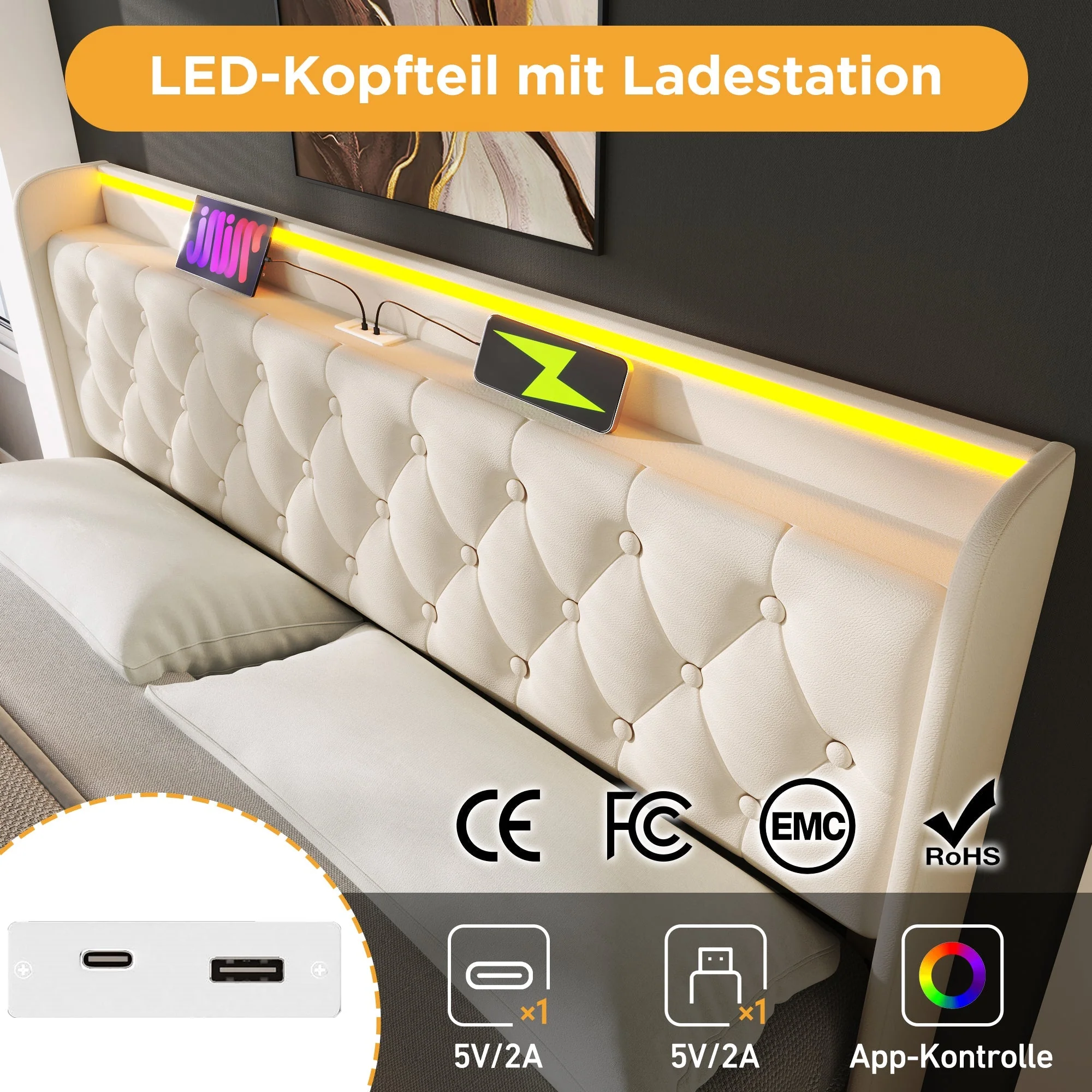 Upholstered Bed Double, 360 LED, Hydraulic Storage, USB-C Charging, 180x200 cm White PU - Image 5
