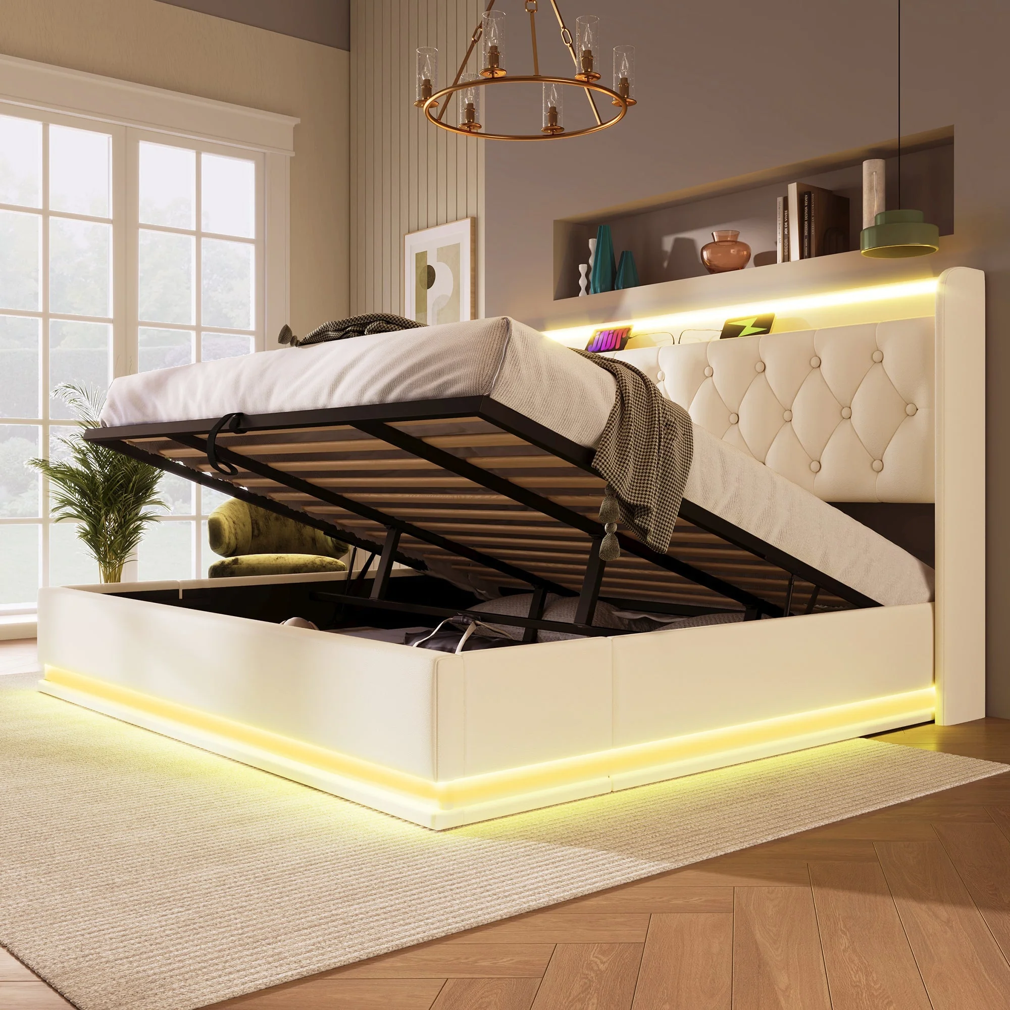 Upholstered Bed Double, 360 LED, Hydraulic Storage, USB-C Charging, 180x200 cm White PU - Image 8