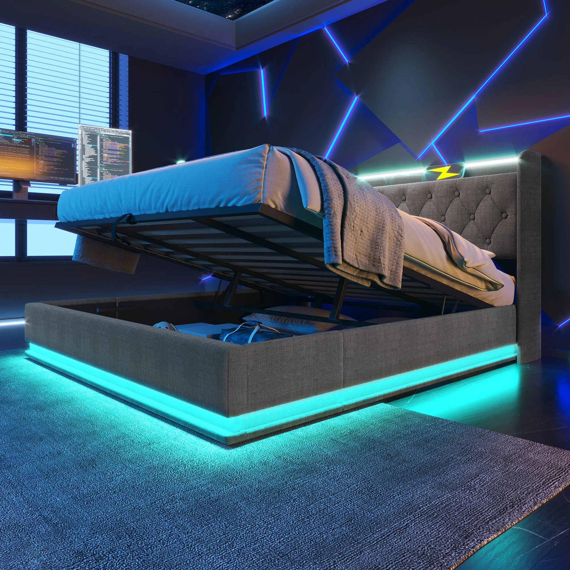 Upholstered Bed Double, 360-Surround LED, Hydraulic Storage, USB-C Charging, Gray Linen - Image 9