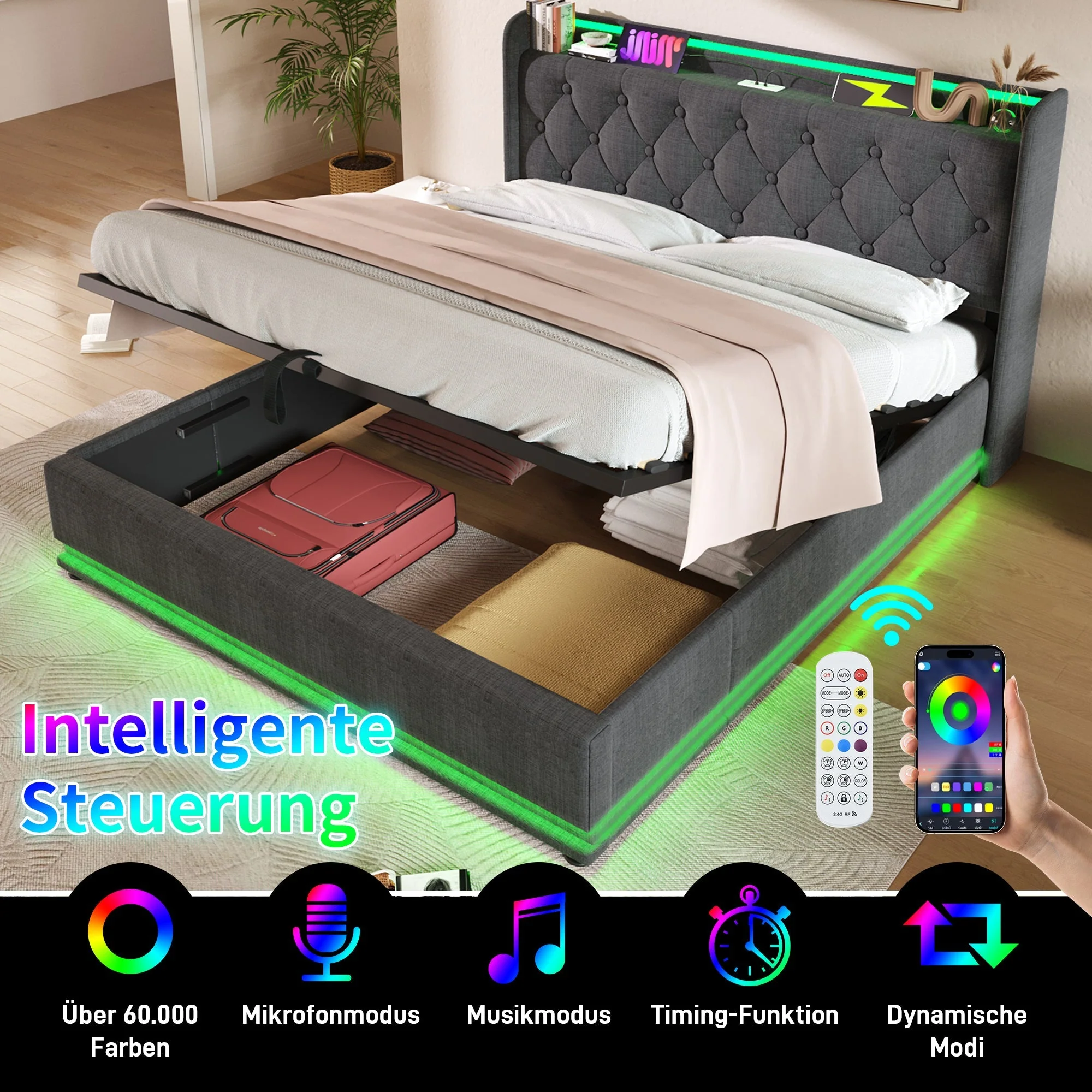 Upholstered Bed Double, 360-Surround LED Hydraulic Storage with USB Type-C, Gray Linen - Image 3