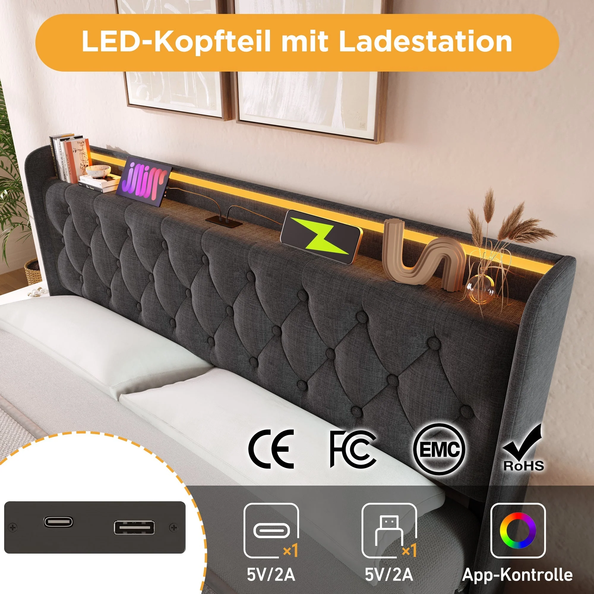 Upholstered Bed Double, 360-Surround LED Hydraulic Storage with USB Type-C, Gray Linen - Image 6