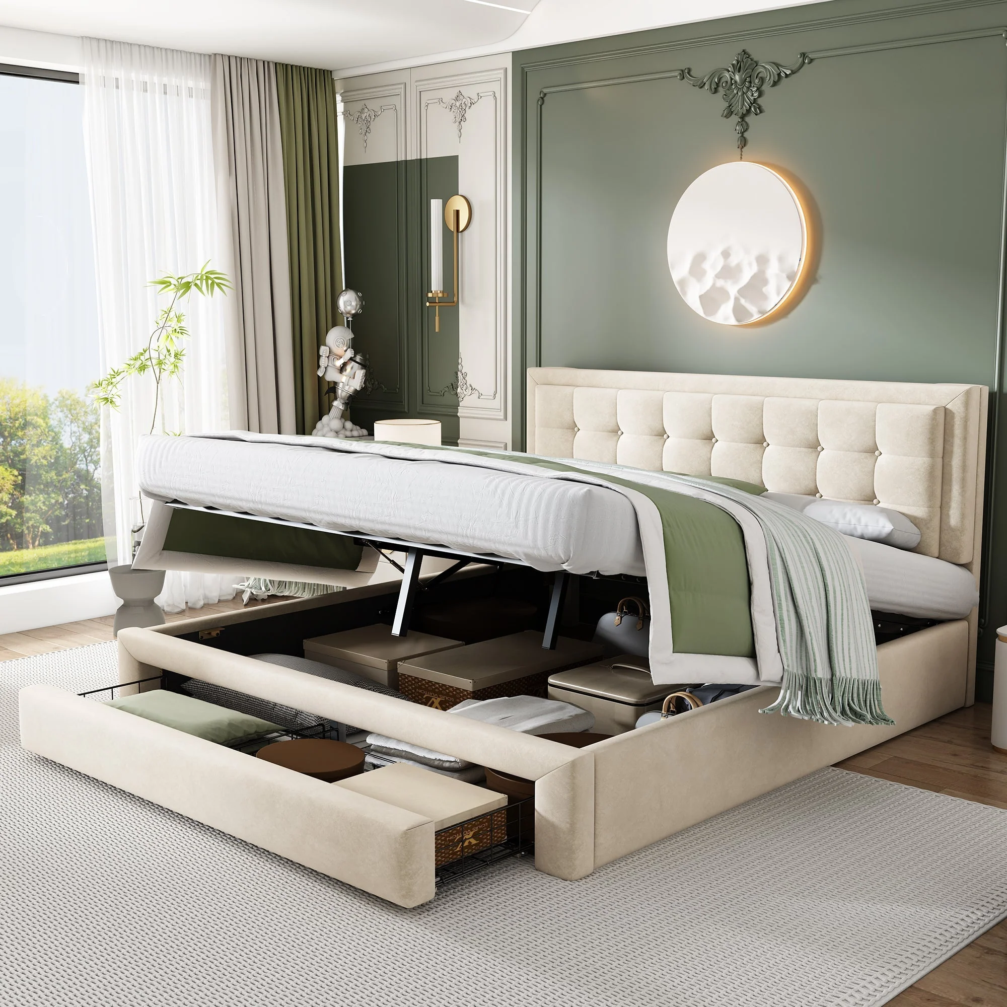 Upholstered Bed Double 4ft6 (135x190cm) with Storage, Slats & Headboard, Velvet Cream - Image 4