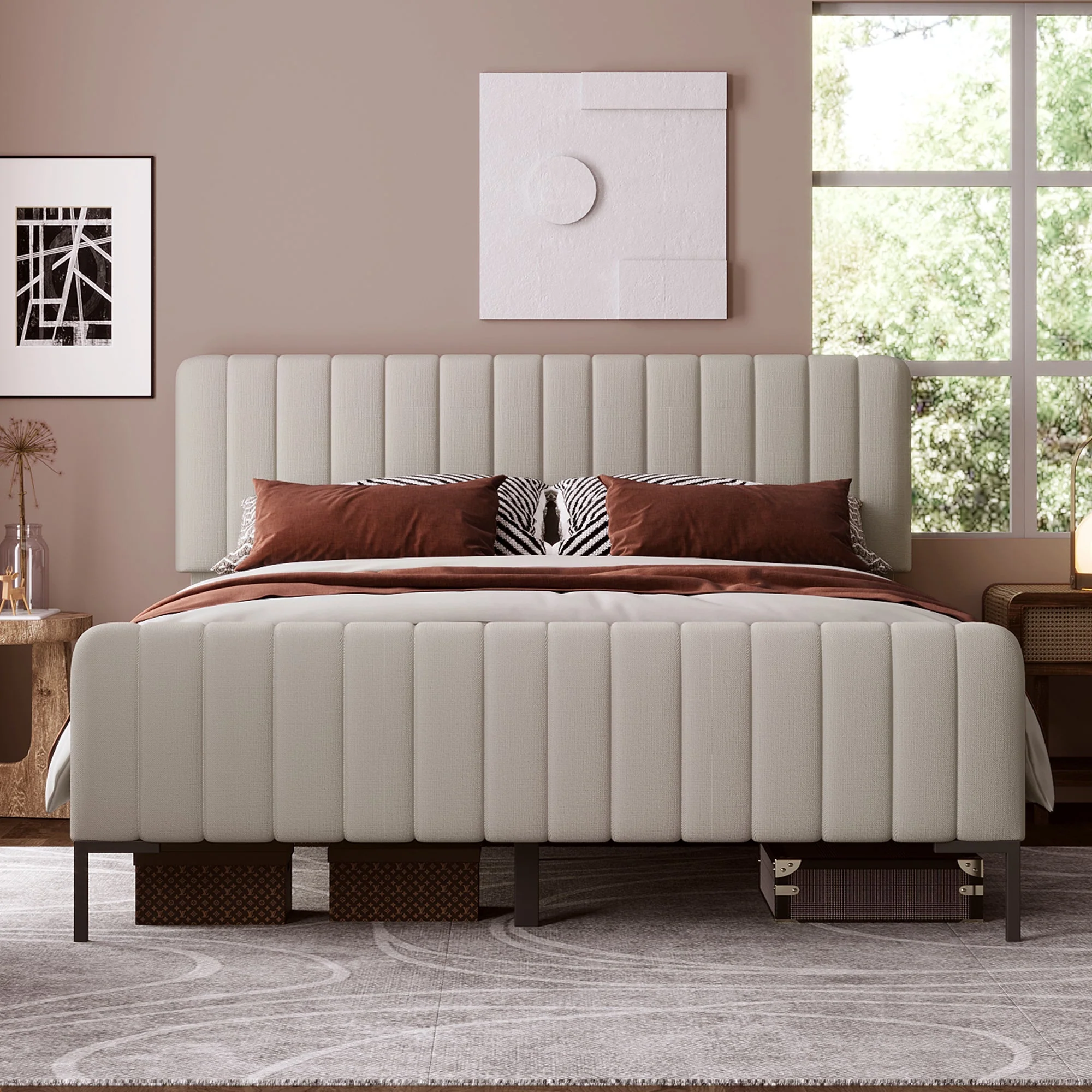 Upholstered Bed Double Bed 180x200cm with Slatted Base and Adjustable Headboard, Grey-Beige Linen - Image 7