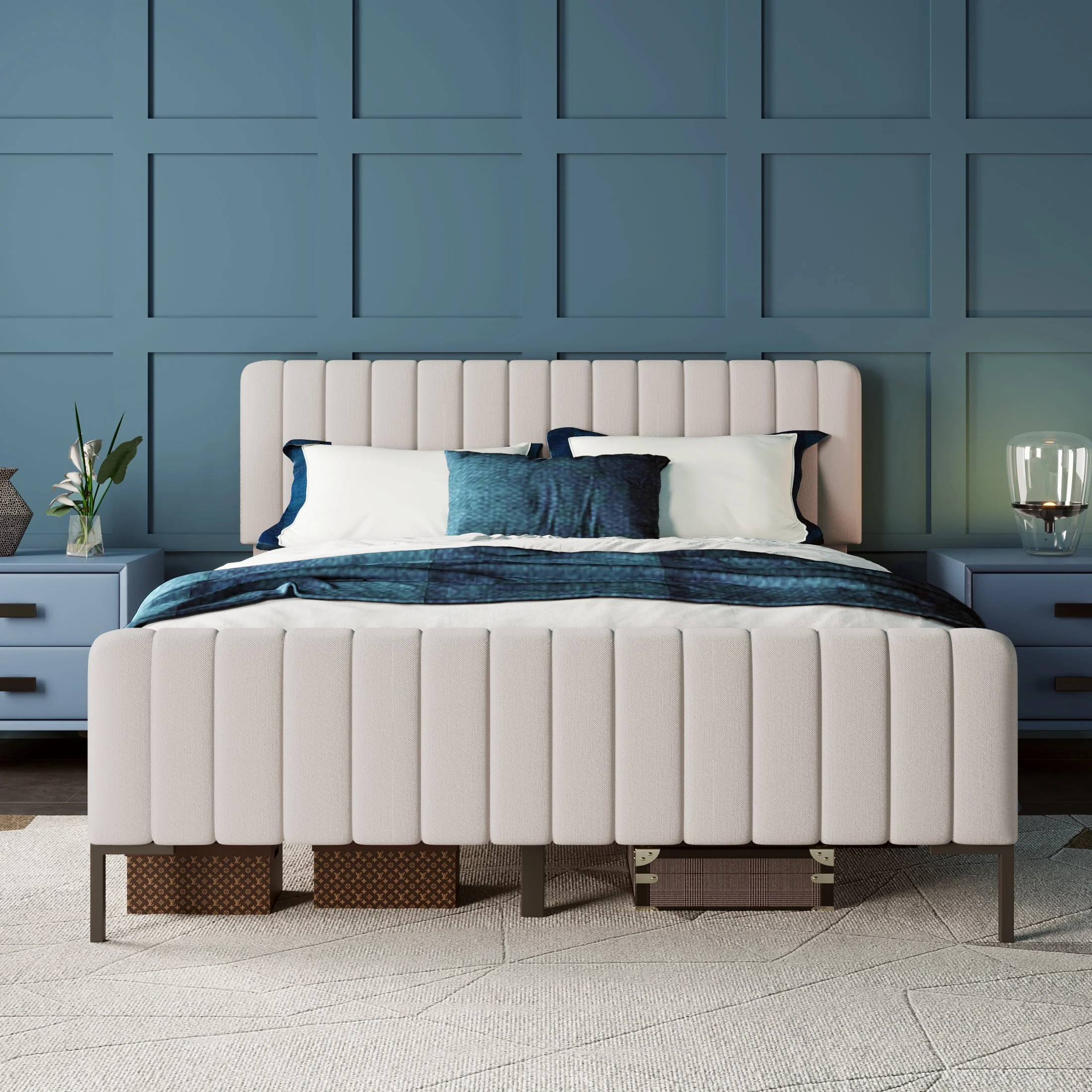 Upholstered Bed Double Bed 180x200cm with Slatted Base and Adjustable Headboard, Grey-Beige Linen - Image 8