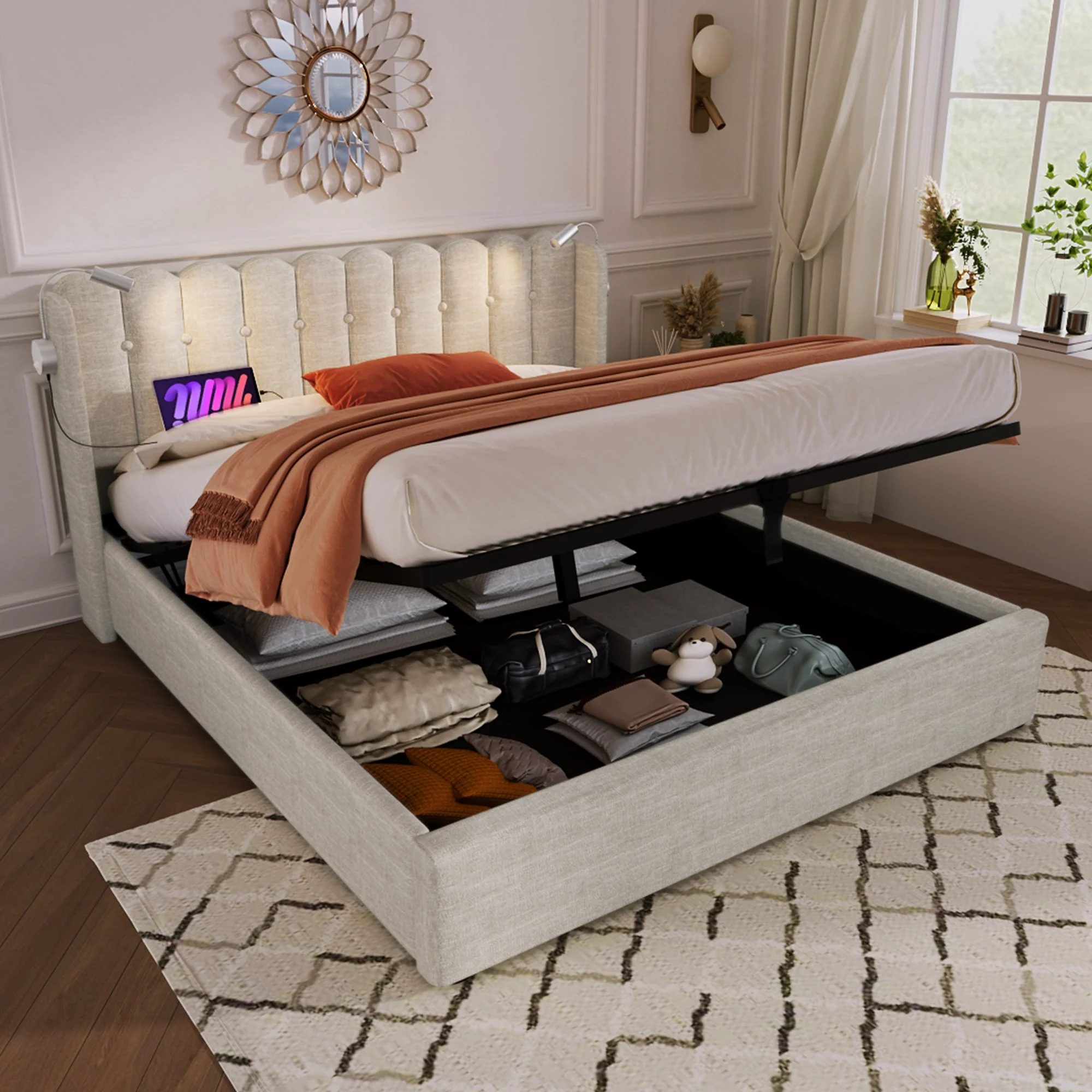 Upholstered Bed Double Bed with Reading Light, Charging, Storage, 140x200, Linen Material, Natural - Image 8