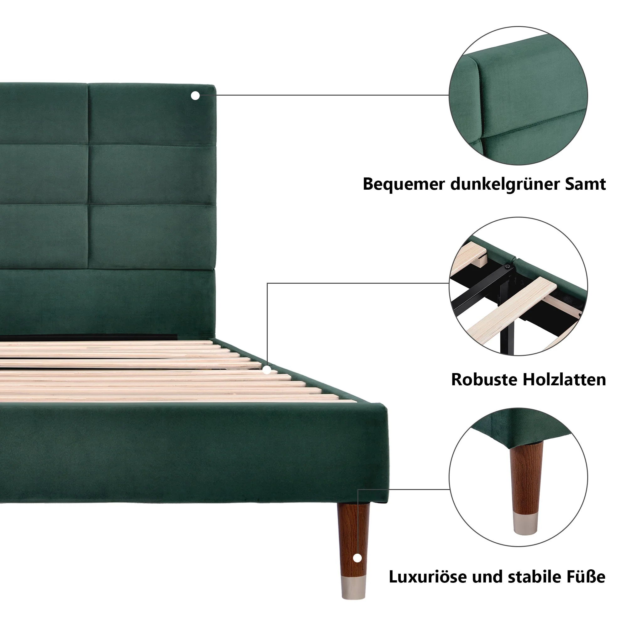 Upholstered bed, double bed with slatted frame 140x200cm, dark green velvet - Image 5