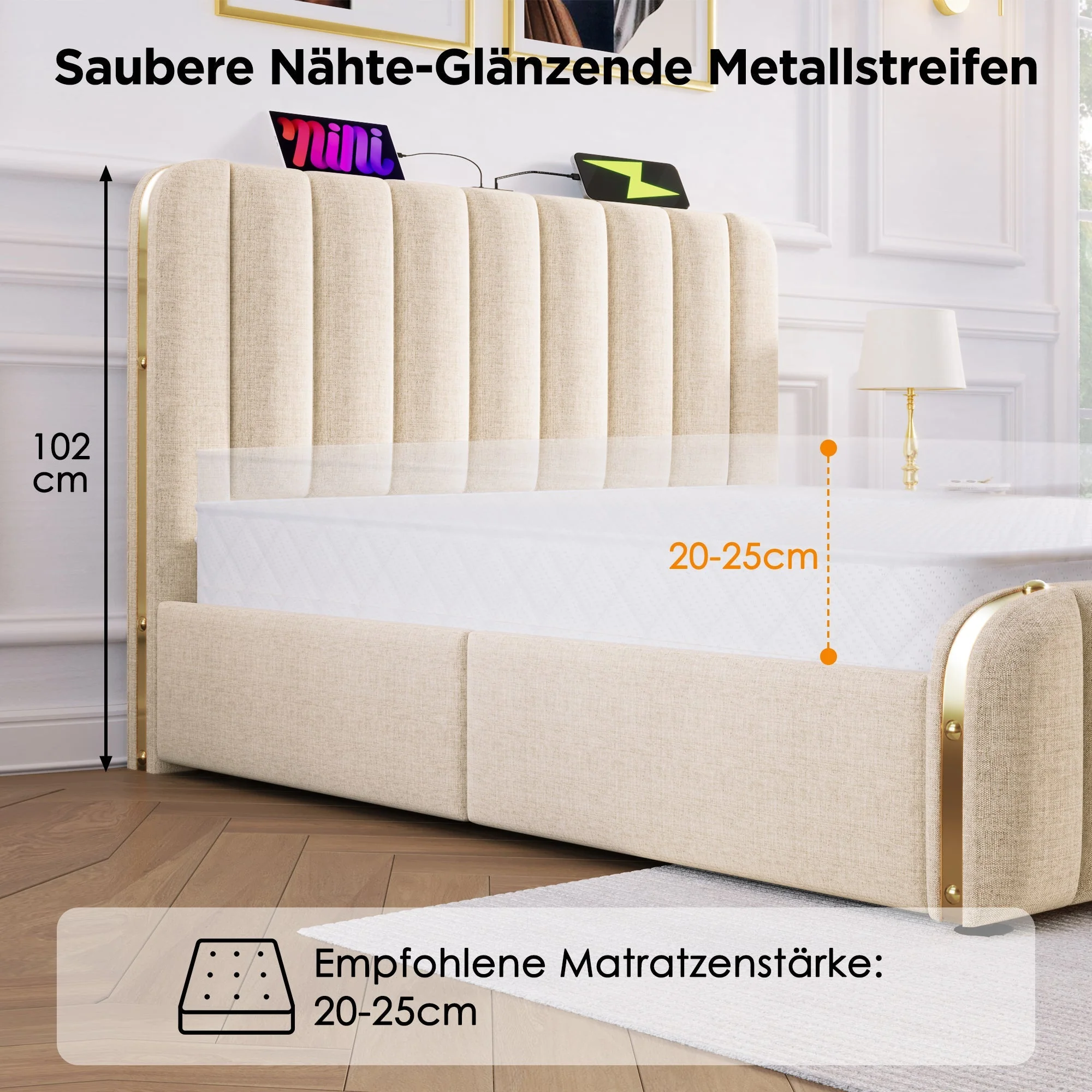 Upholstered Bed, Double Headboard with USB-C Charging, 140x200 cm, Beige Linen - Image 5