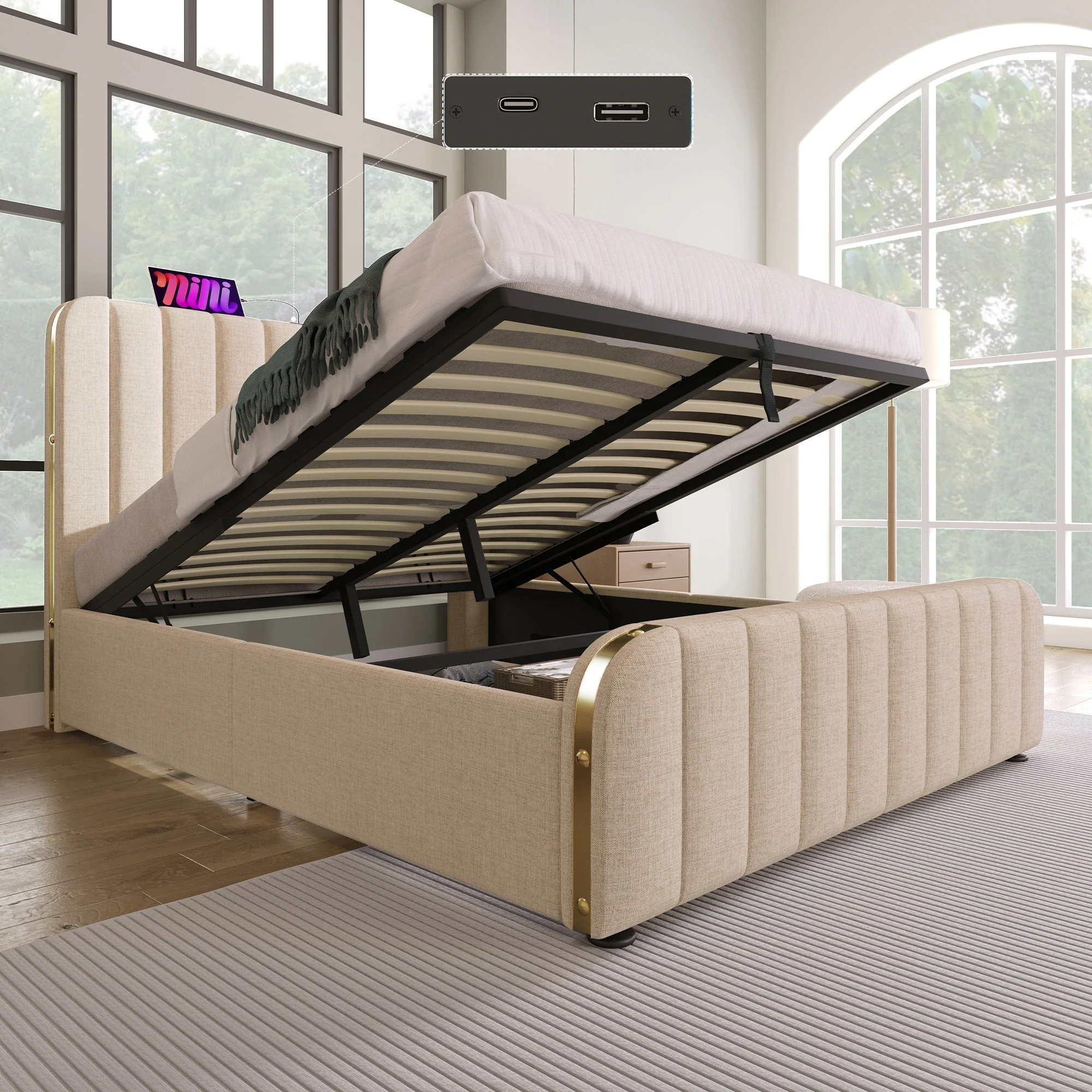 Upholstered Bed, Double Headboard with USB-C Charging, 140x200 cm, Beige Linen - Image 9