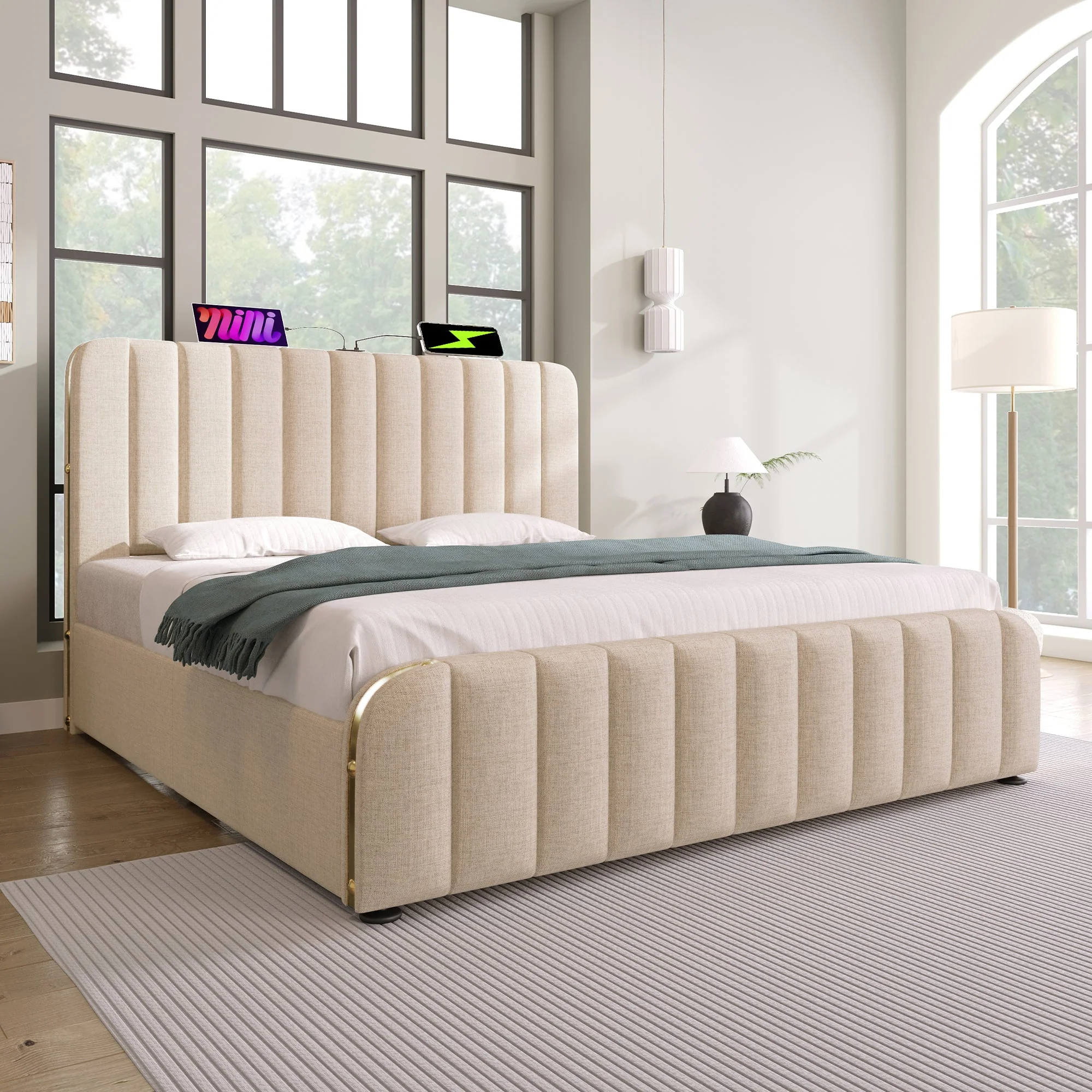 Upholstered Bed, Double Headboard with USB-C Charging, Hydraulic Storage, Beige Linen - Image 18