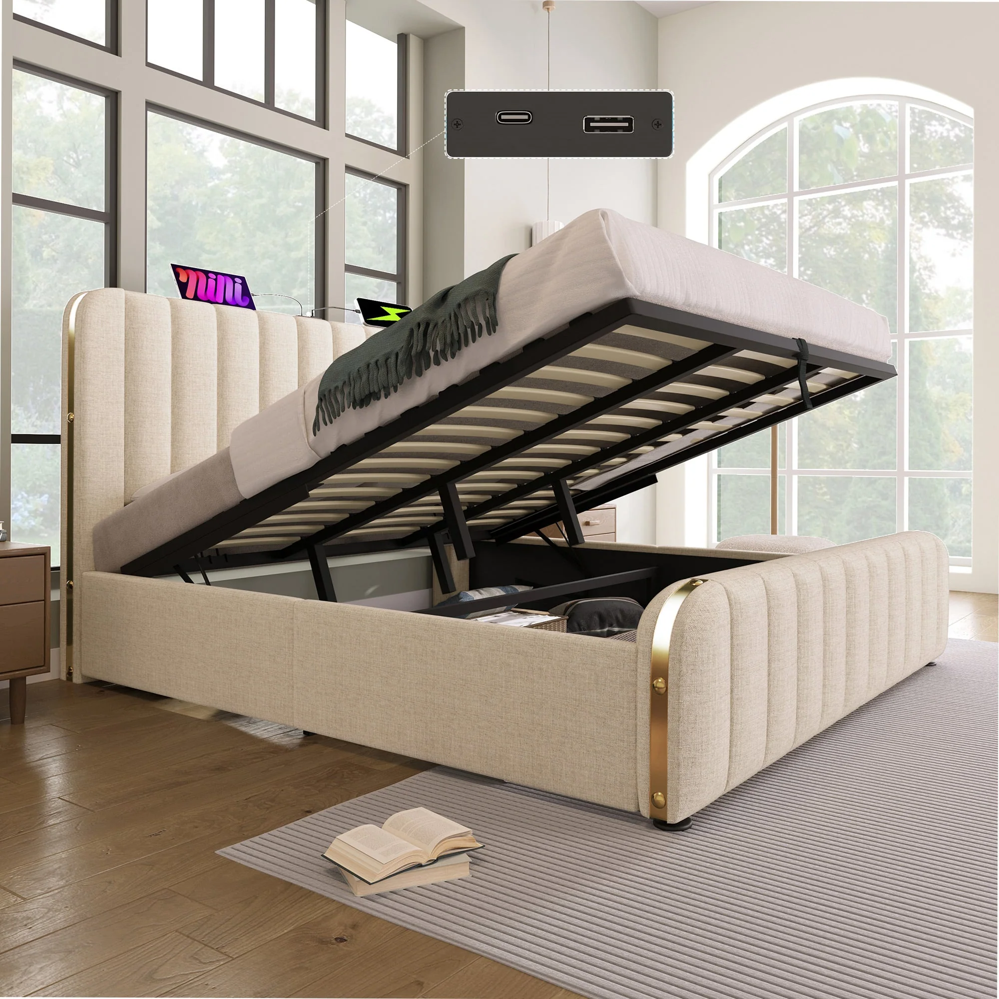 Upholstered Bed, Double Headboard with USB-C Charging, Hydraulic Storage, Beige Linen - Image 8