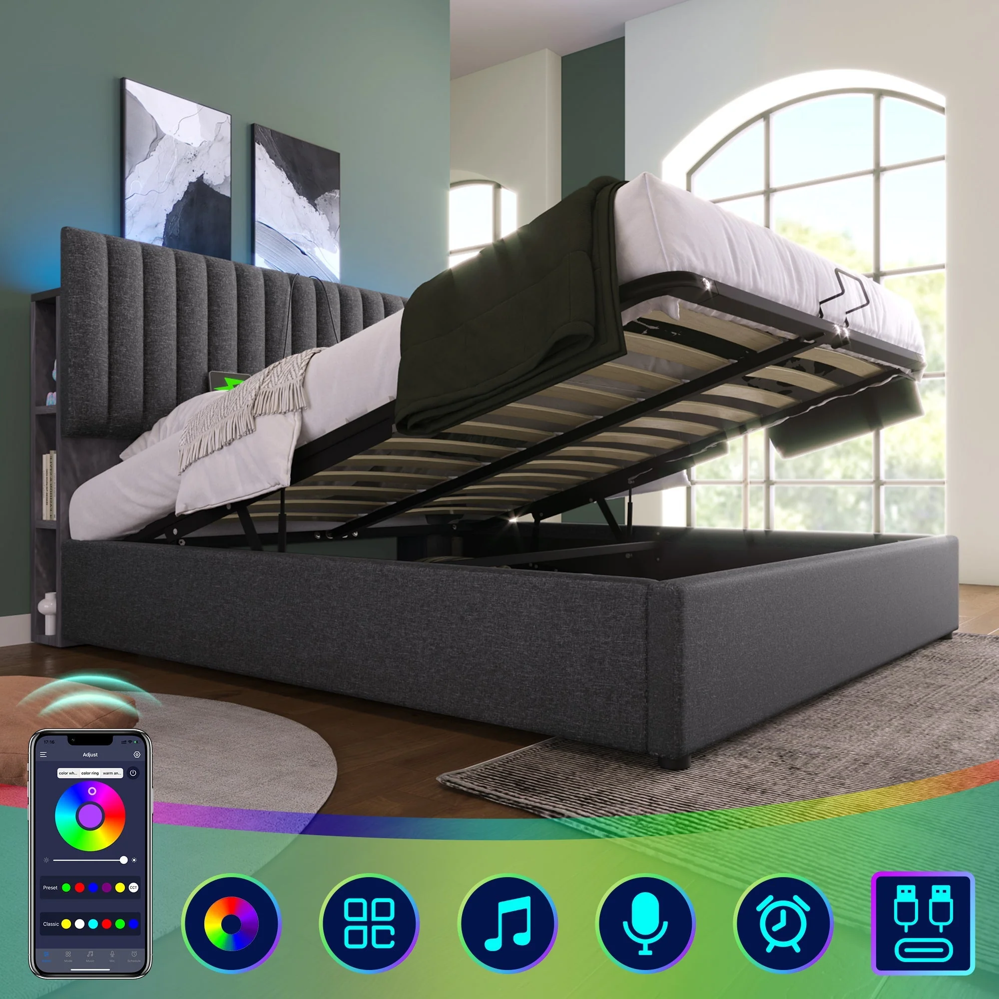 Upholstered Bed, Double, LED App-Control, USB-C Charging, Storage, Adjustable Headboard, Wood, Gray - Image 5