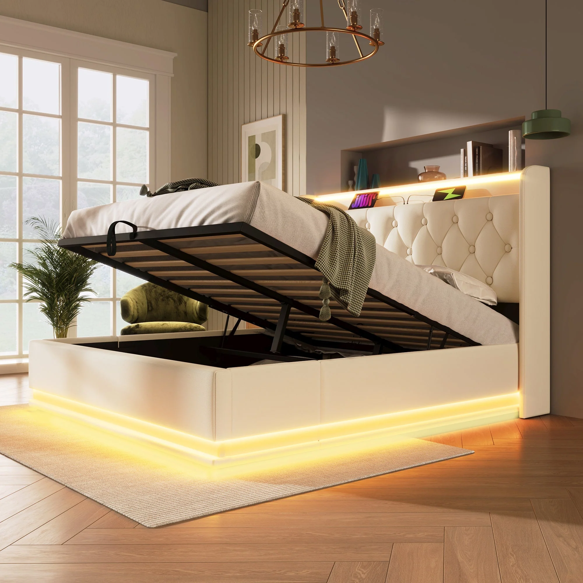 Upholstered Bed Double, LED, Hydraulic Storage, USB-C Charging, White PU - Image 10