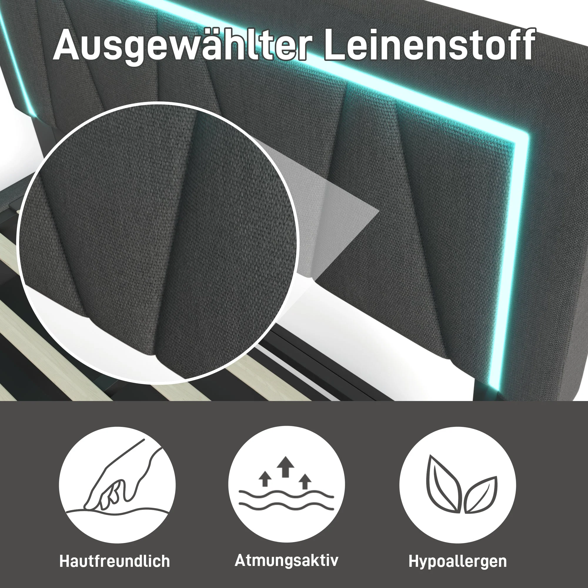 Upholstered Bed, Double LED with USB-C & Storage, Linen - Image 8