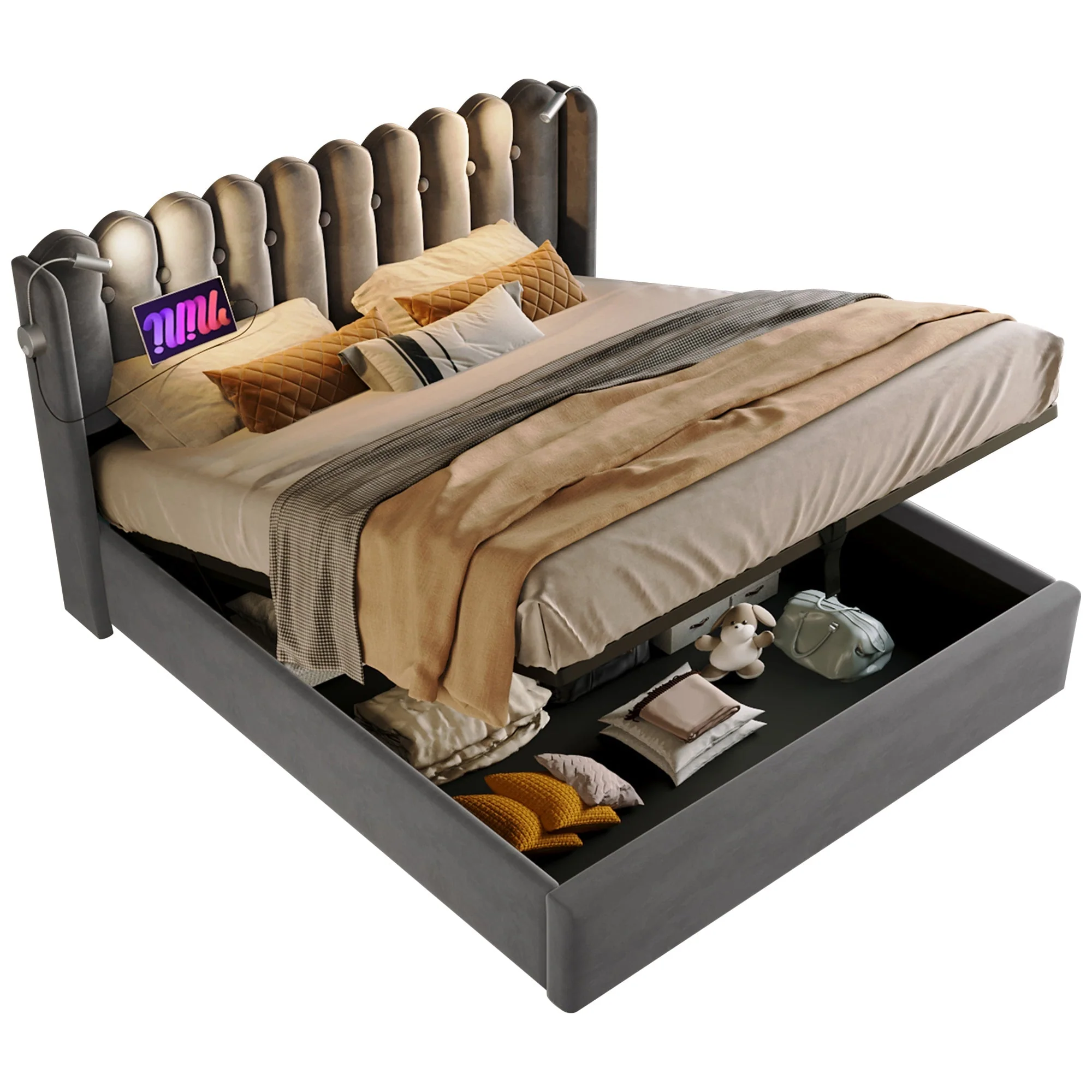 Upholstered Bed Double Reading Light Charging Headboard Storage 140x200 Velvet Gray - Image 9