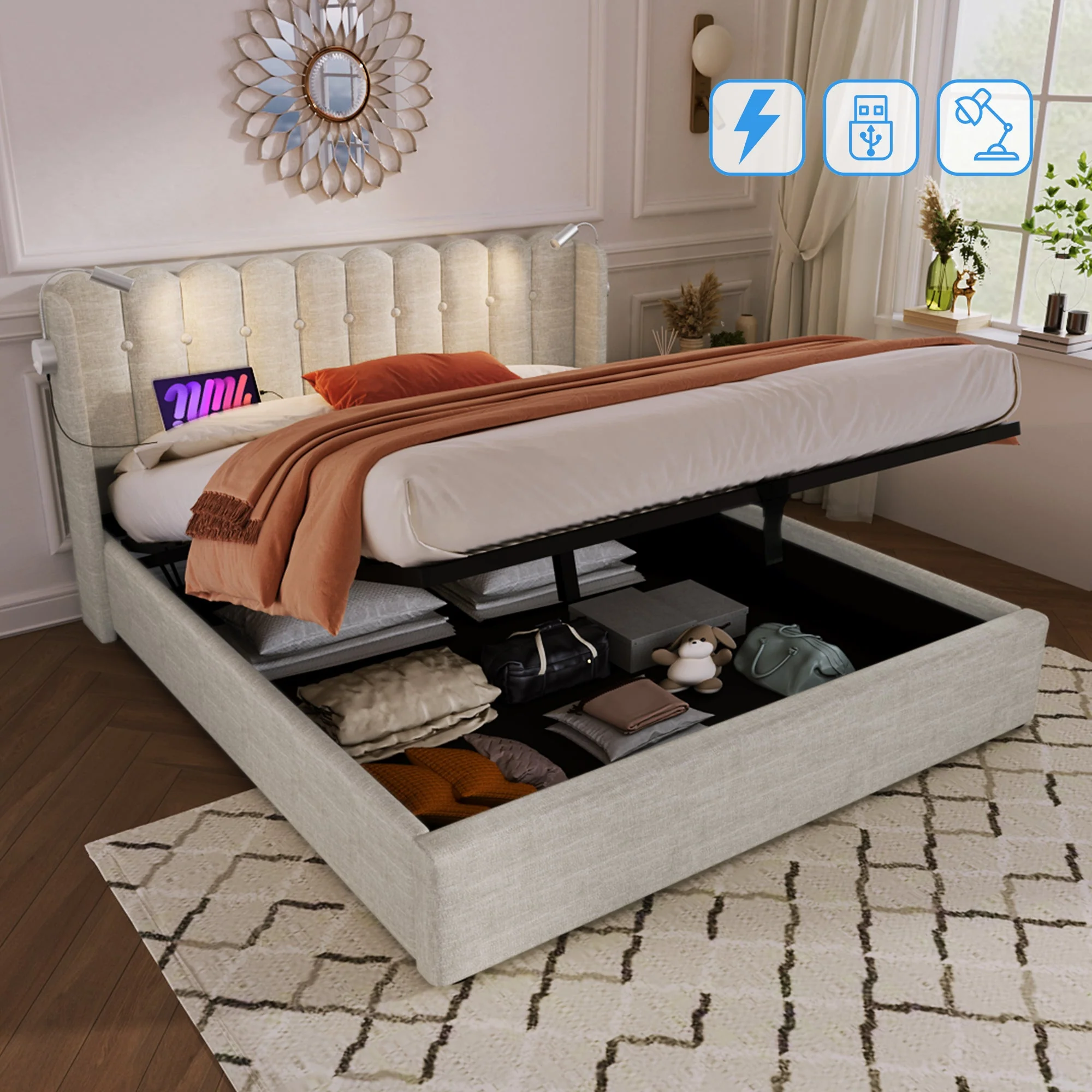 Upholstered Bed Double, Reading Light Storage Headboard, Linen Natural - Image 2