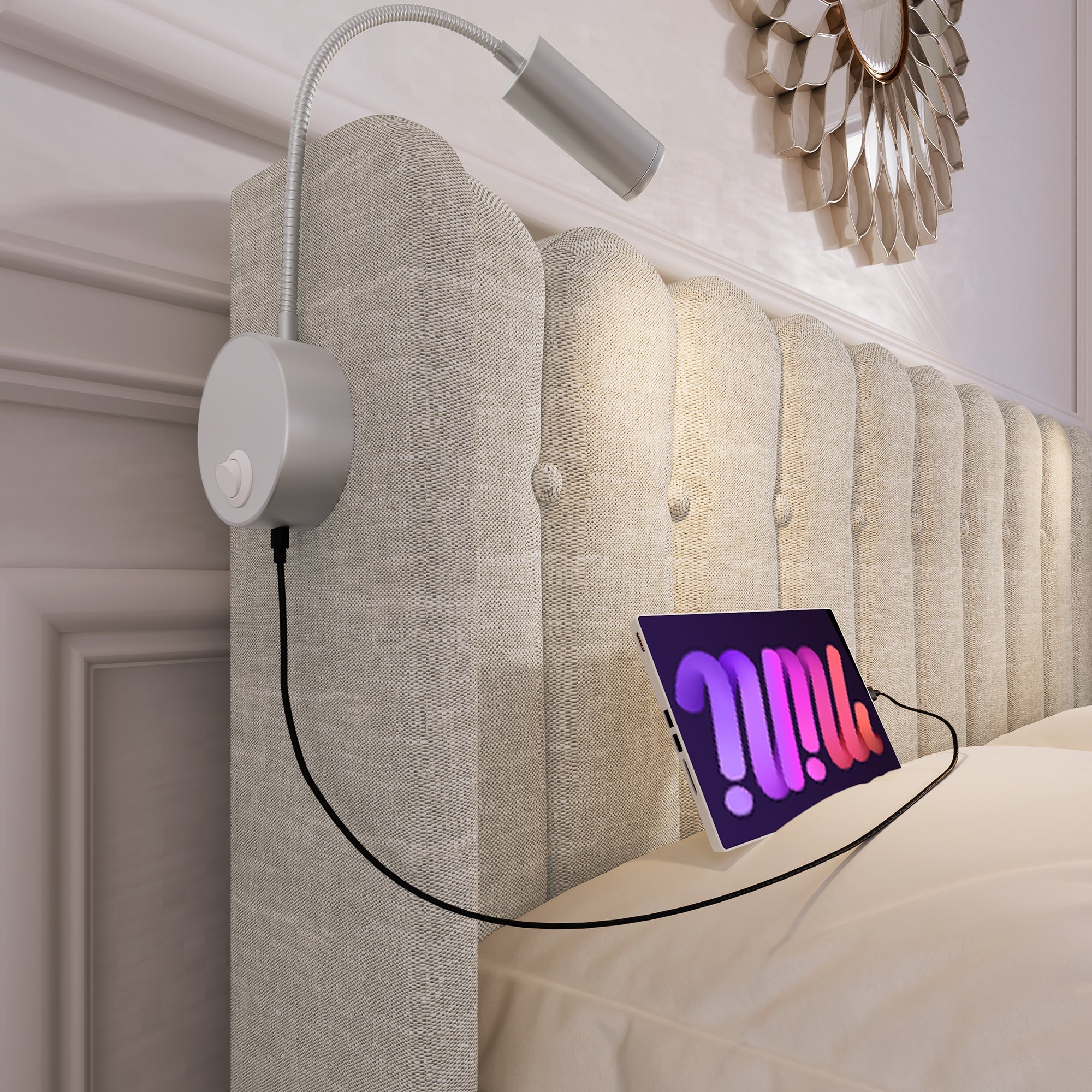Upholstered Bed Double, Reading Light Storage Headboard, Linen Natural - Image 8