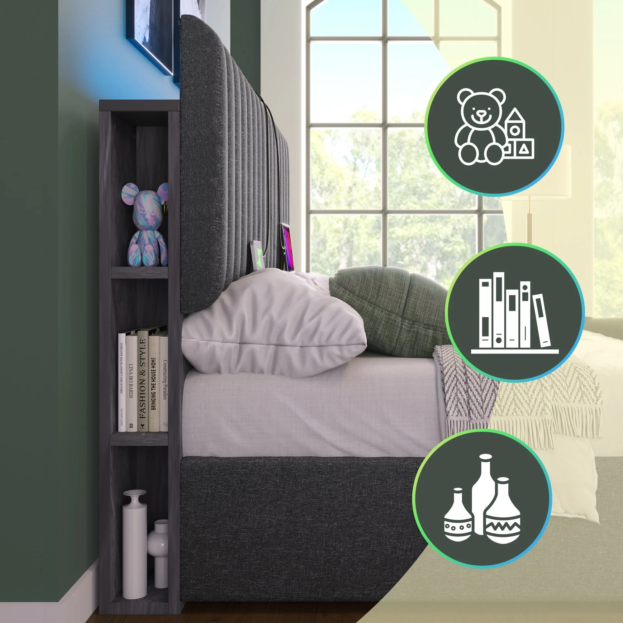 Upholstered Bed Double Storage LED App-Control USB Adjustable Headboard 140x200cm, Grey - Image 4